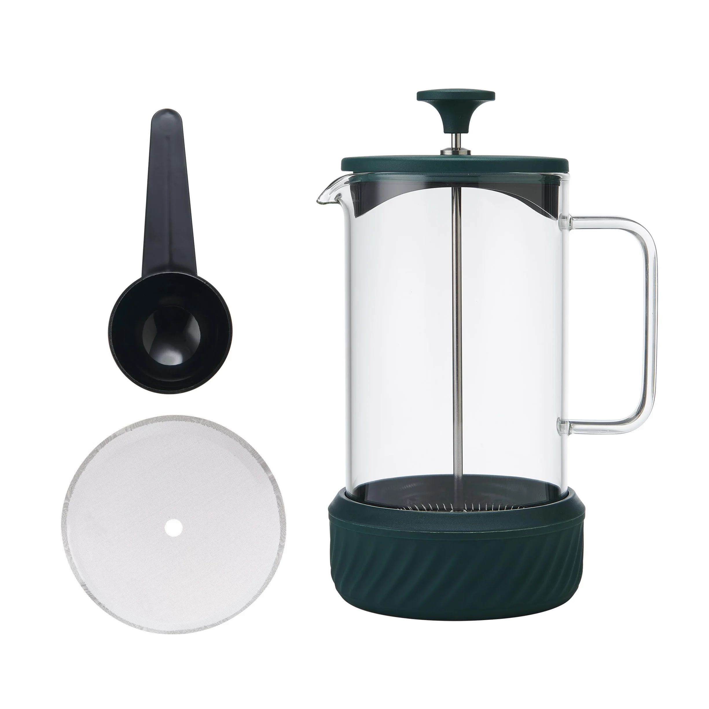 La Cafetière - Cafetera Zero con capacidad para 8 tazas y juego de tazas, prensa francesa resistente al calor, mango de vidrio y base de silicona extraíble, fácil de limpiar, color verde