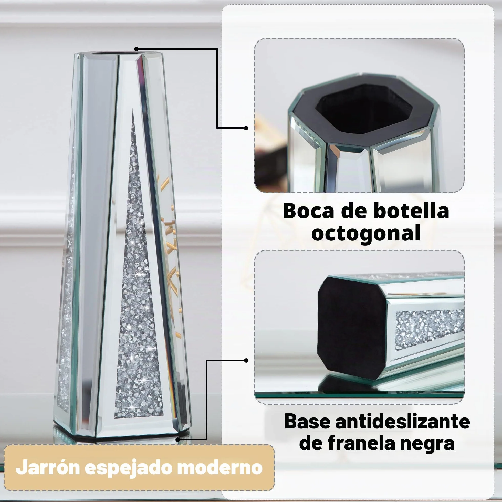 SHYFOY Jarrón grande para flores secas, 33 cm, decorativo de plata y cristal con cristales para el hogar, salón, mesa de comedor, boda