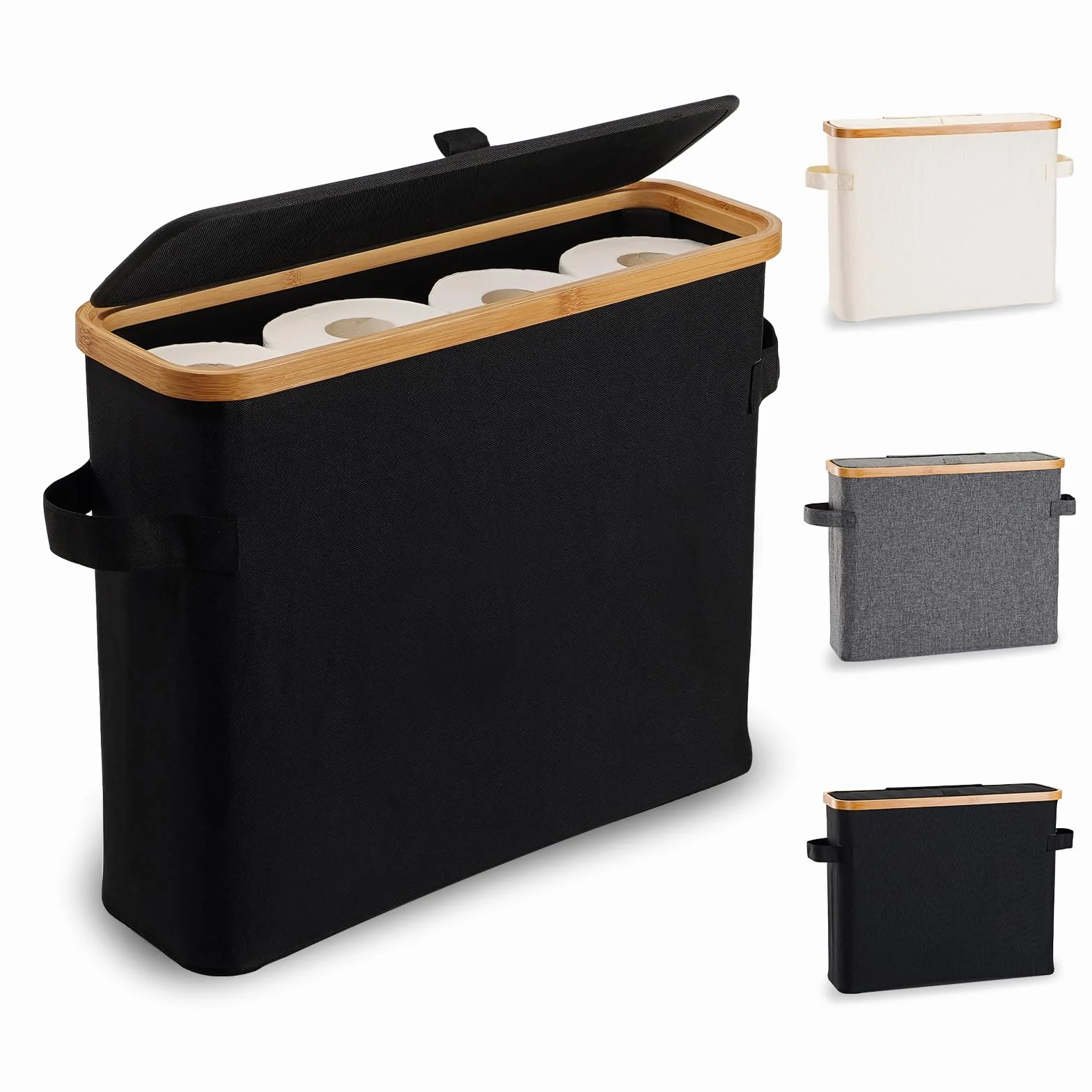 Cesta de almacenamiento de papel higiénico con tapa, soporte de almacenamiento de papel higiénico de bambú para baño, contenedor de almacenamiento de papel higiénico con asa, contenedor de