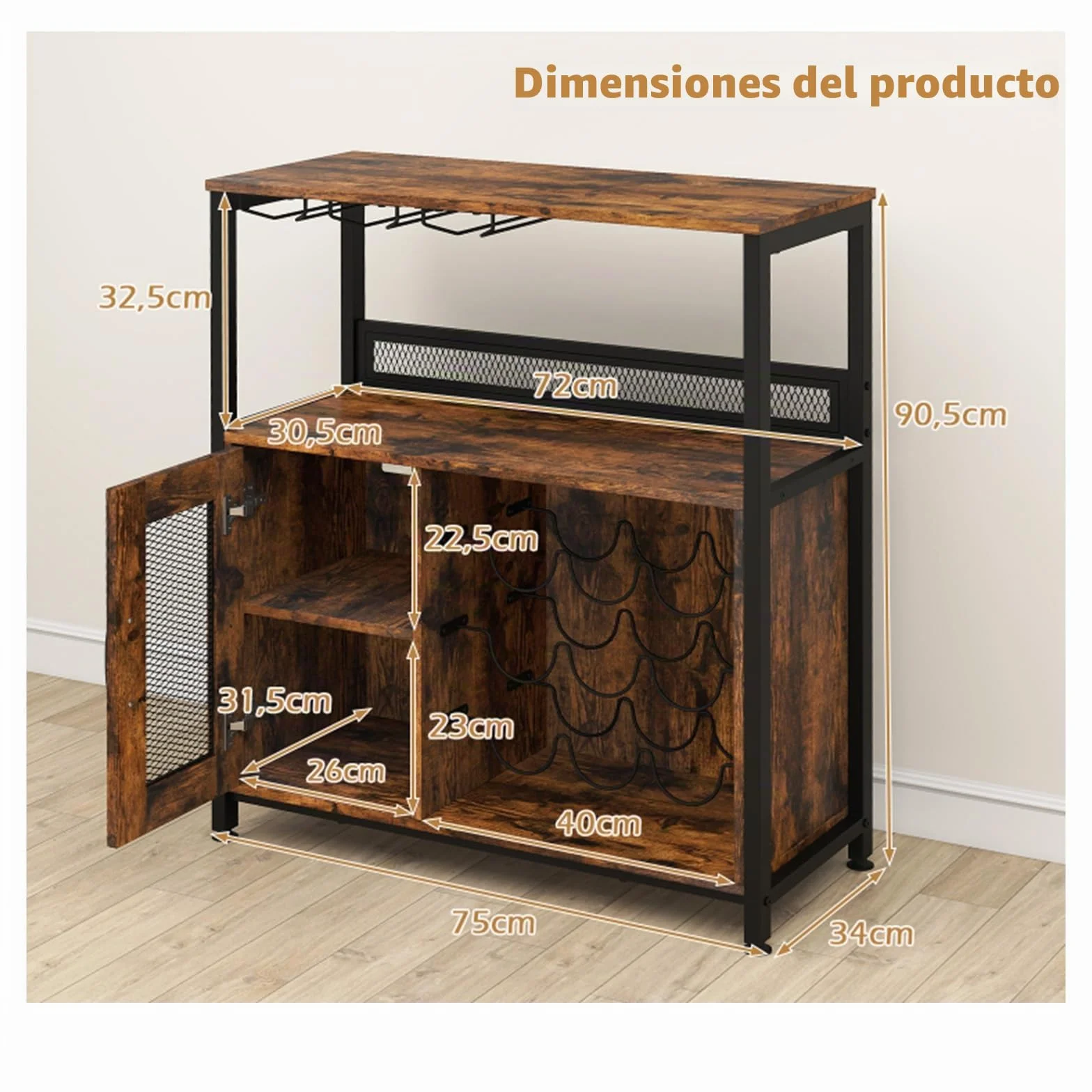 GIANTEX Mueble Organizador de Bar con Estantes para 9 Botellas y 3 Portavasos, Armario para Vino con Puerta de Rejillas, Kit Antivuelco, 75 x 34 x 90,5 cm, Aparador para Cocina, Comedor