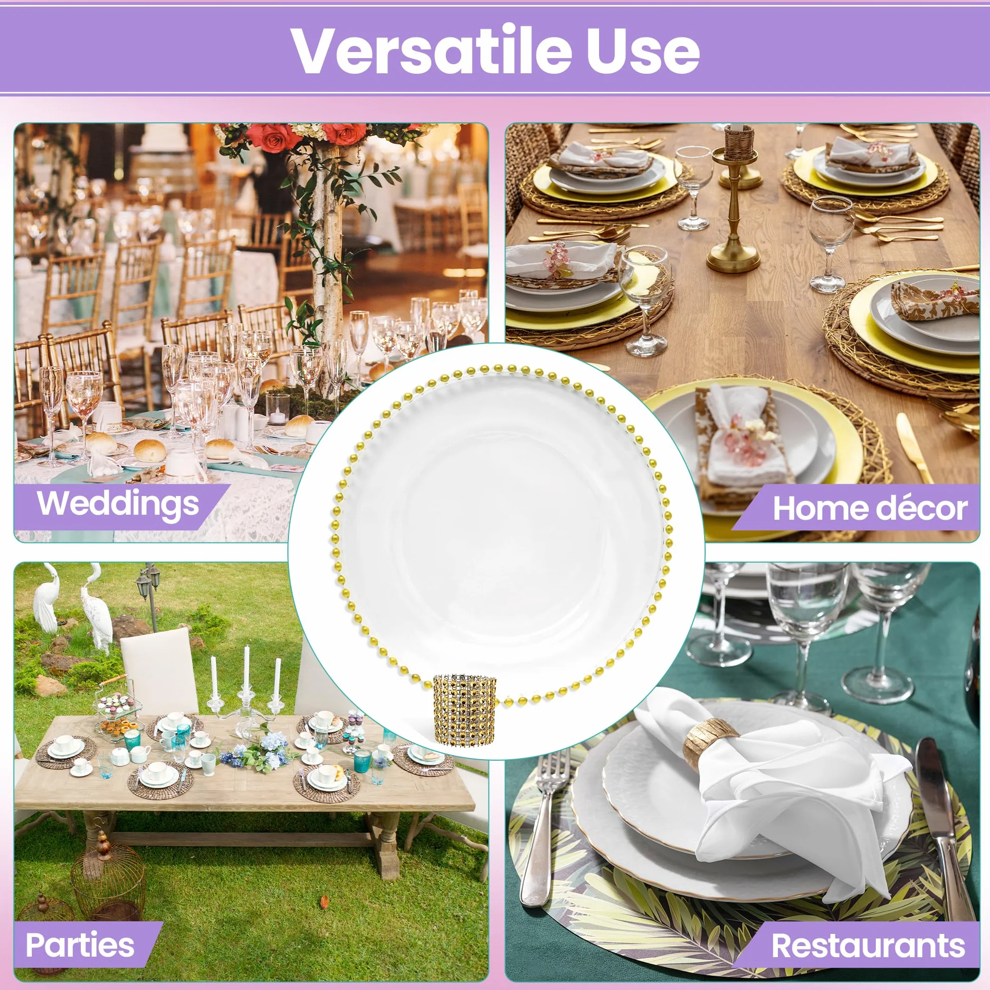 Elegante juego de platos de cristal transparente y servilleteros dorados, 10 piezas, diseño de cuentas, platos de 33 cm para bodas, cenas, fiestas y eventos, mesa reutilizable y manteles individuales