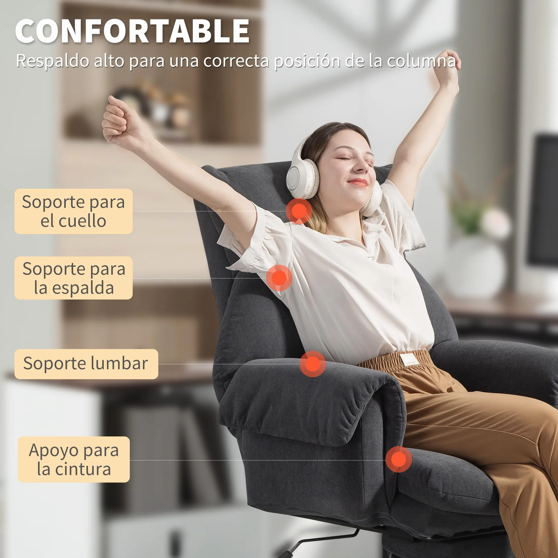 HOMCOM Silla de Escritorio con Reposapiés, Silla de Oficina Giratoria, con Respaldo Reclinable y Alto, Asiento y Reposabrazos Anchos, Acolchado Grueso, Tapizada en Terciopelo, Altura Ajustable, Gris