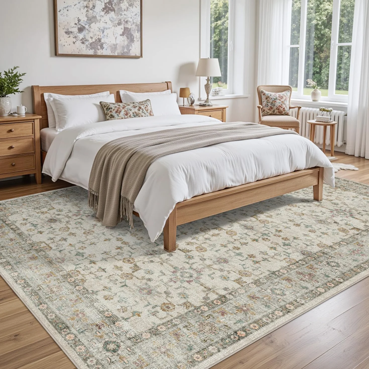 DEXI Alfombra Salon 152 x 244 cm, Alfombras Dormitorio Pelo Corto Lavable, Suave y Cómoda, Diseño Floral Tapetes Decorativas para Sala de Estar, Habitación, Comedor, Beige