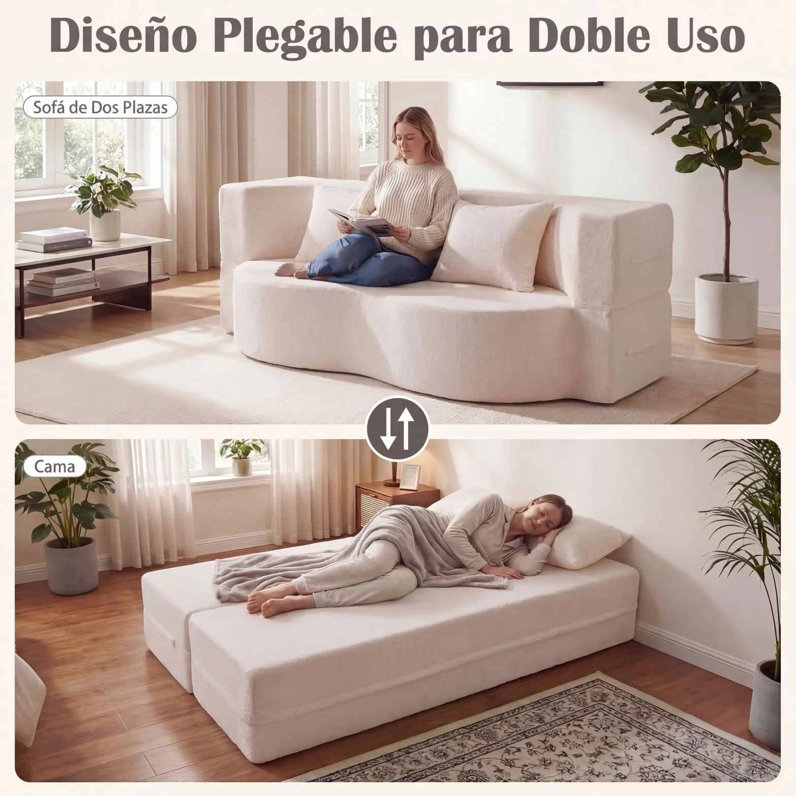 COSTWAY Sofá Cama de 2 Plazas, 192,5 cm, Sofá Convertible en Cama 2 en 1 de Tela de Polar Teddy con 2 Almohadas, sin Montaje, Sofa Comprimido de 2 Plazas sin Marco para Salón Cuarto Invitados (Blanco)