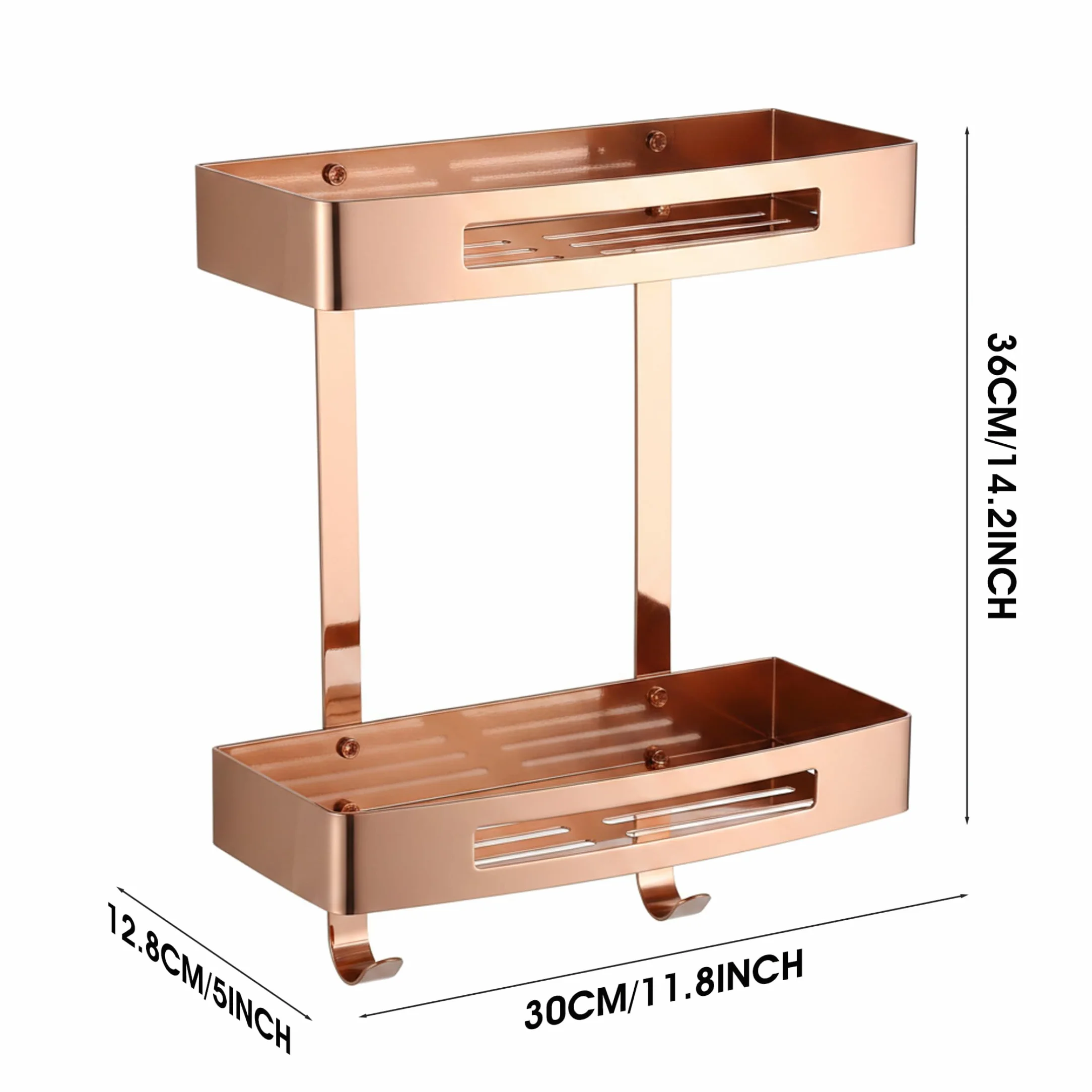 Estante esquinero para baño, carrito de ducha de doble nivel, organizador de pared adhesivo de acero inoxidable 304 con ganchos, oro rosa sin taladro