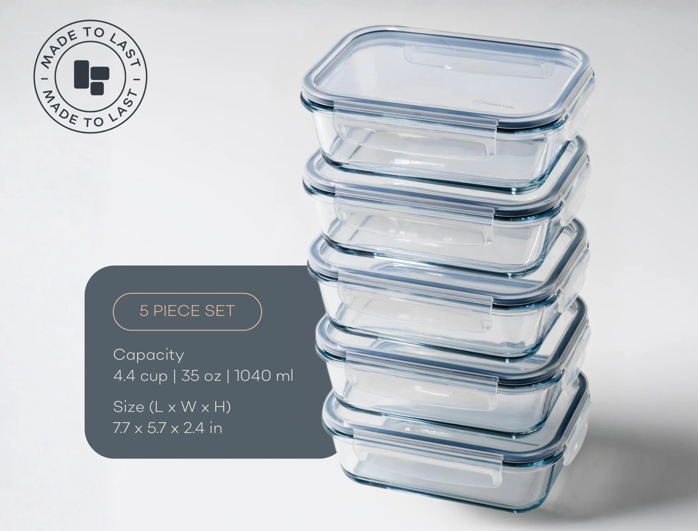 Set 5 Recipientes Vidrio Almacenaje Alimentos 860 ml| Tapas herméticas sin BPA + 3 sellos de silicona de repuesto | Fiambreras para Comida | Microondas, Horno, Congelador, Lavavajillas