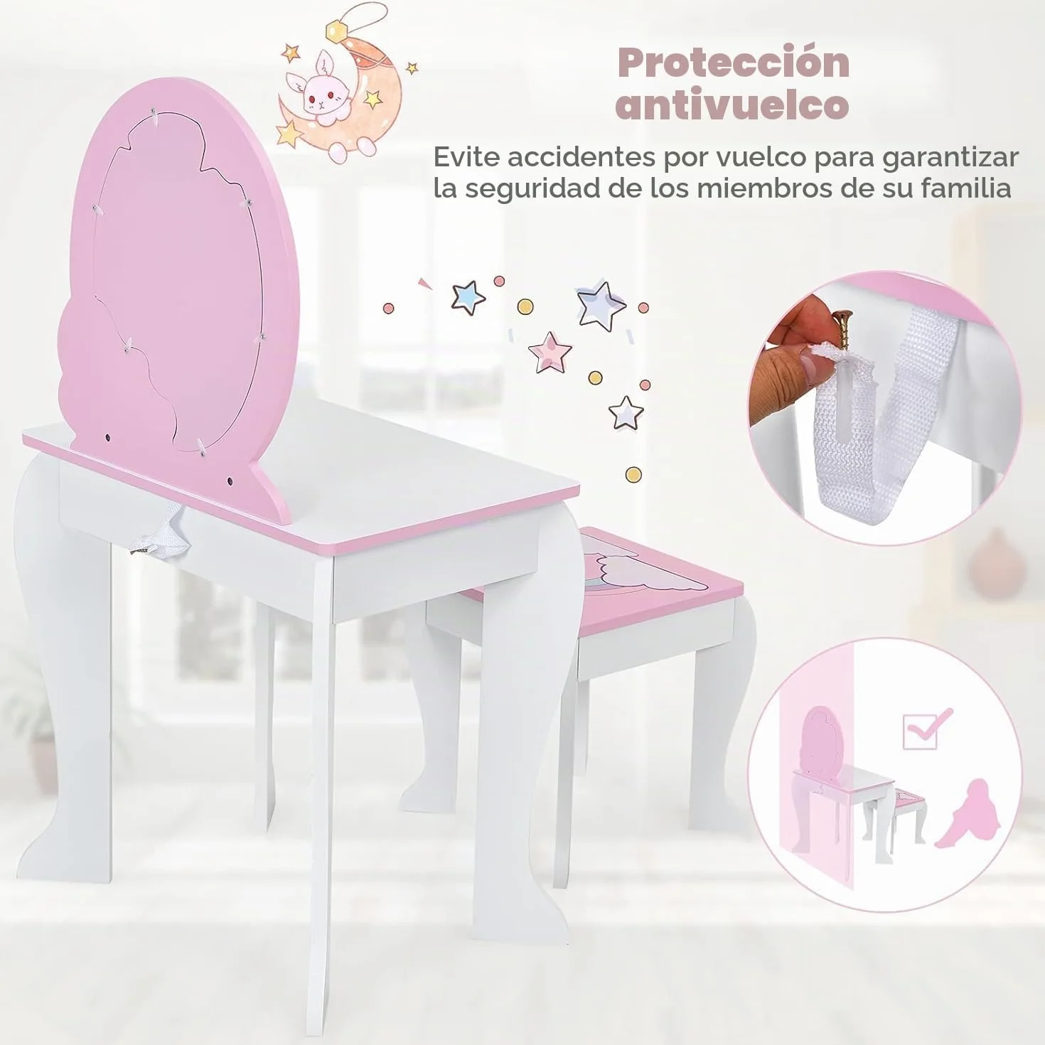 FANTASK Tocador Infantil con cajón y Espejo extraíble, tocador de Princesa con Taburete, tocador Rosa y Blanco para niñas de 3 a 7 años