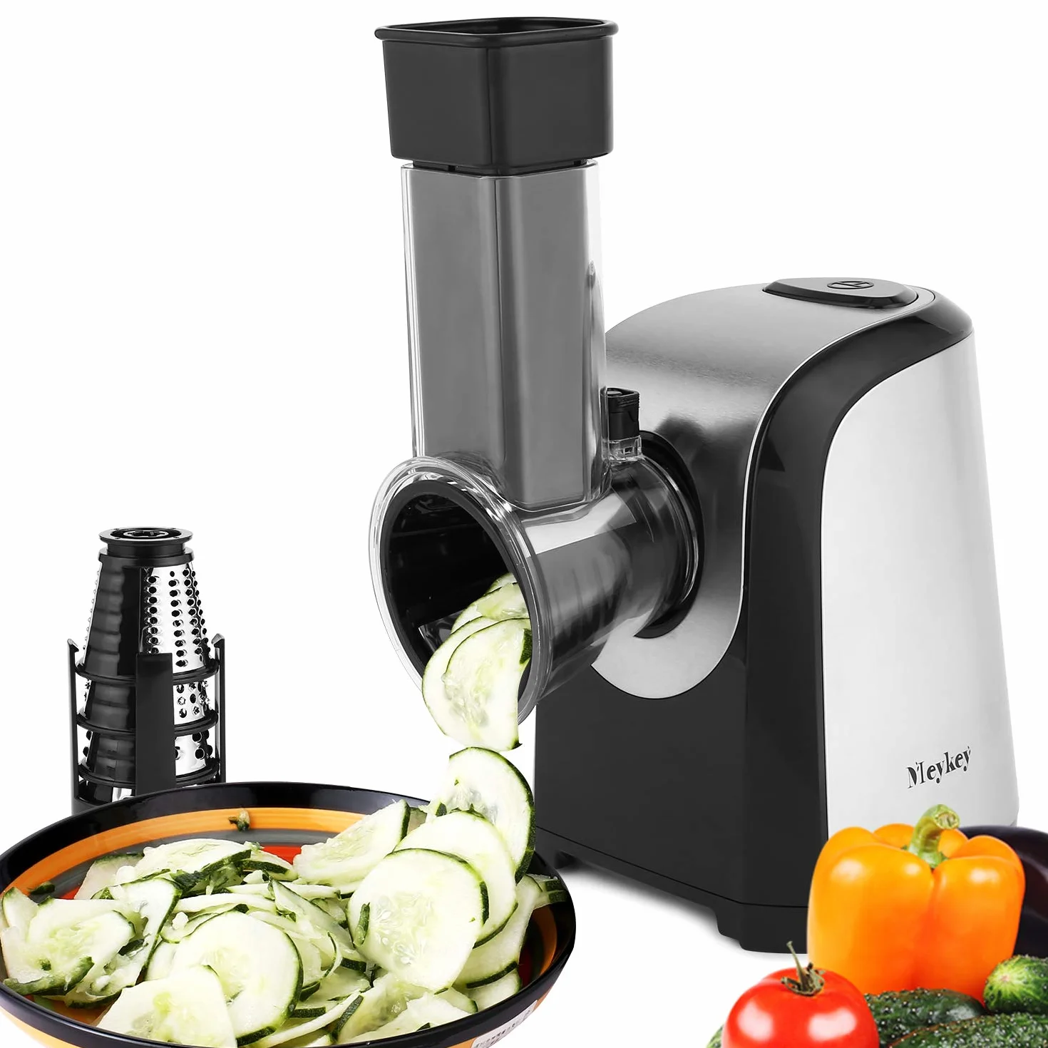 Rallador eléctrico de verduras, rallador eléctrico, multifunción, 150 W, tambores de acero inoxidable, 4 cuchillas cónicas (plata)