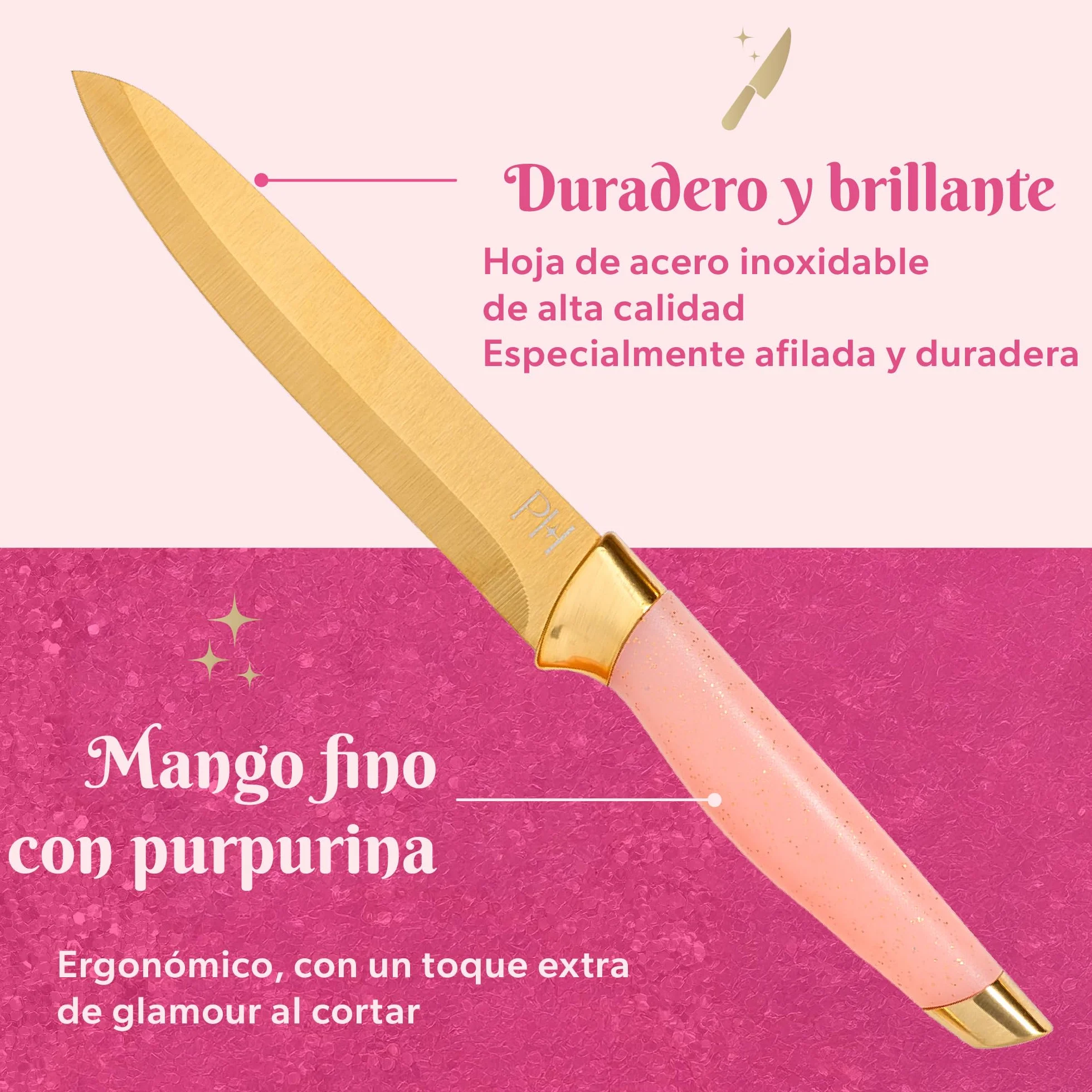 Set de Cuchillos Paris Hilton en Bloque de Bambú, 10 Piezas con Mangos Rosados y Cuchillas Doradas, Ideal para Regalo