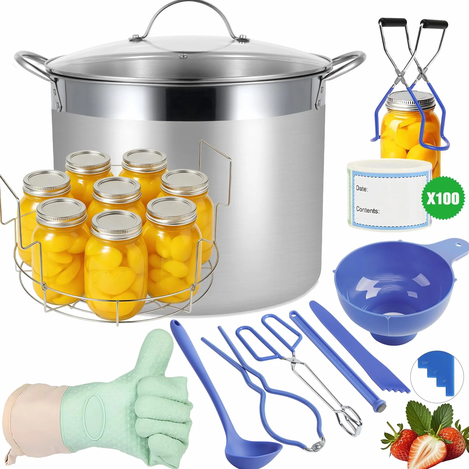 Juego de conservas de acero inoxidable con rejilla y tapa, gran tarro para baño maría, juego completo para principiantes, apto para cocinas de inducción y vitrocerámica (azul, 26 L)