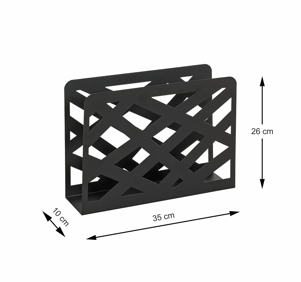 HAKU Revistero de metal negro con perforaciones trapezoidales, soporte para periódicos y cesta para revistas, An 35 x Al 26 x Pr 10 cm