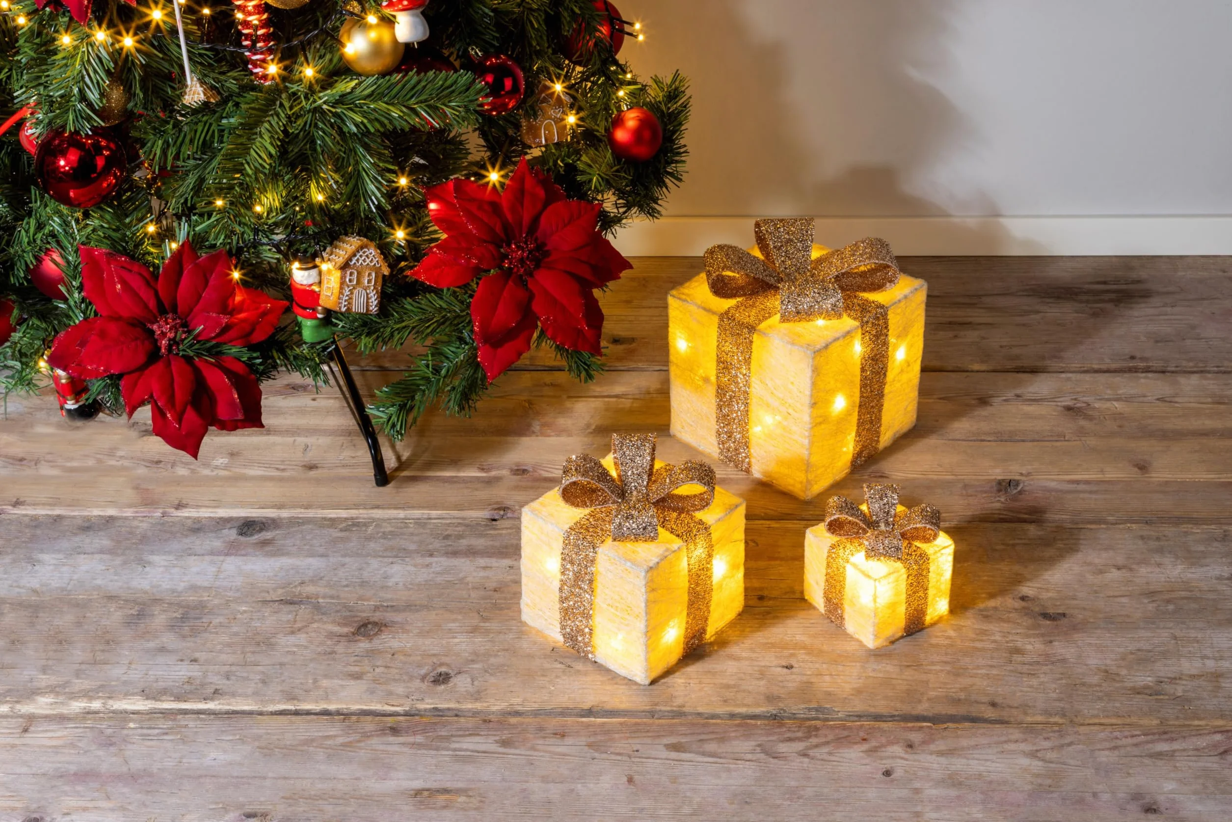 ¡Bambelaa! Cajas de Regalo Led Decoración con Luz - Set de 3 Incl. Función Temporizador - Decoración Navideña Decoración Navideña Iluminación (Oro)