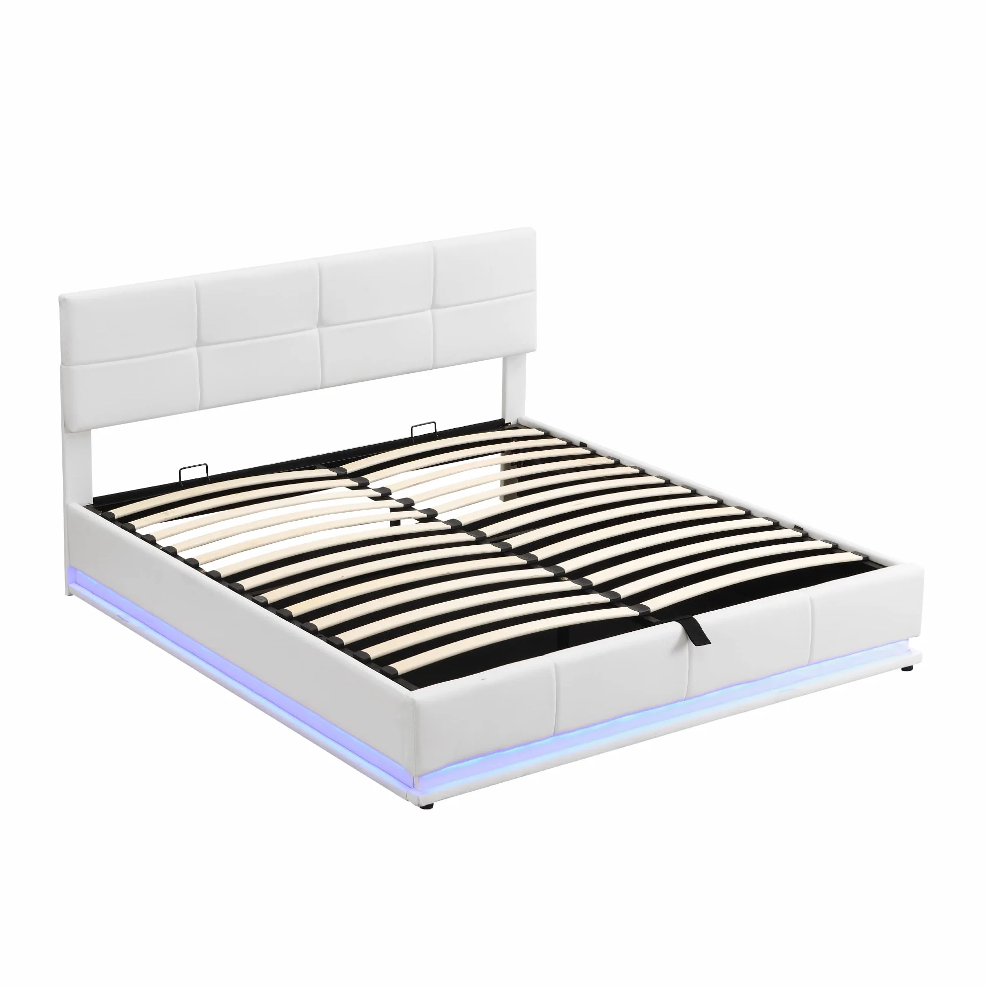 Merax Cama acolchada hidráulica de 180 x 200 cm, con espacio de almacenamiento, cama con iluminación LED, para jóvenes, adultos, piel sintética, color blanco (sin colchón)