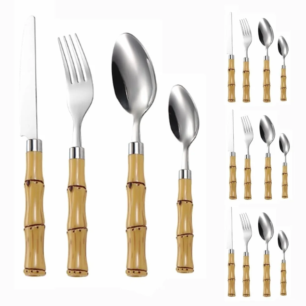 Juego de cubiertos de acero inoxidable con mango de bambú for cocina, vajilla de acero inoxidable, ideal for el hogar, restaurantes, banquetes, cuchillos, tenedores y cucharas (dorado, 16 piezas)(Silv