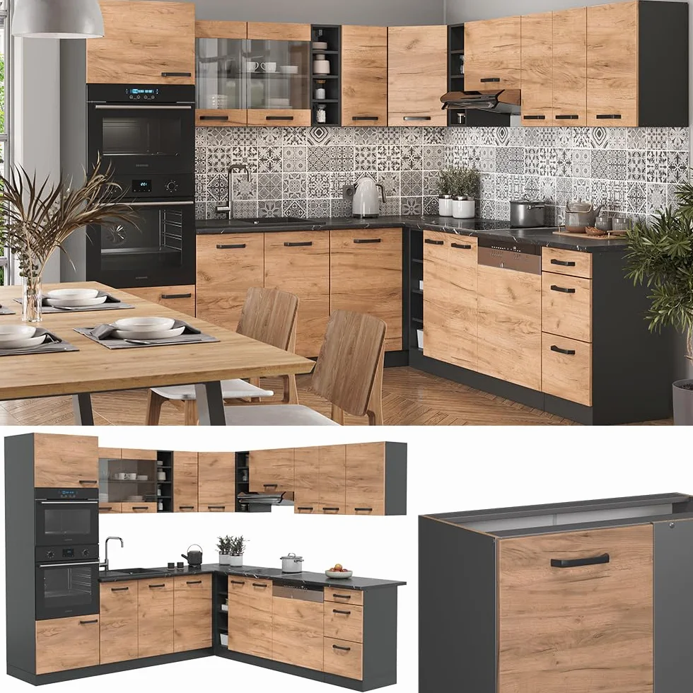 Vicco Cocina esquinera R-Line, Oro Power Roble/Antracita/Antracita, Sin encimeras