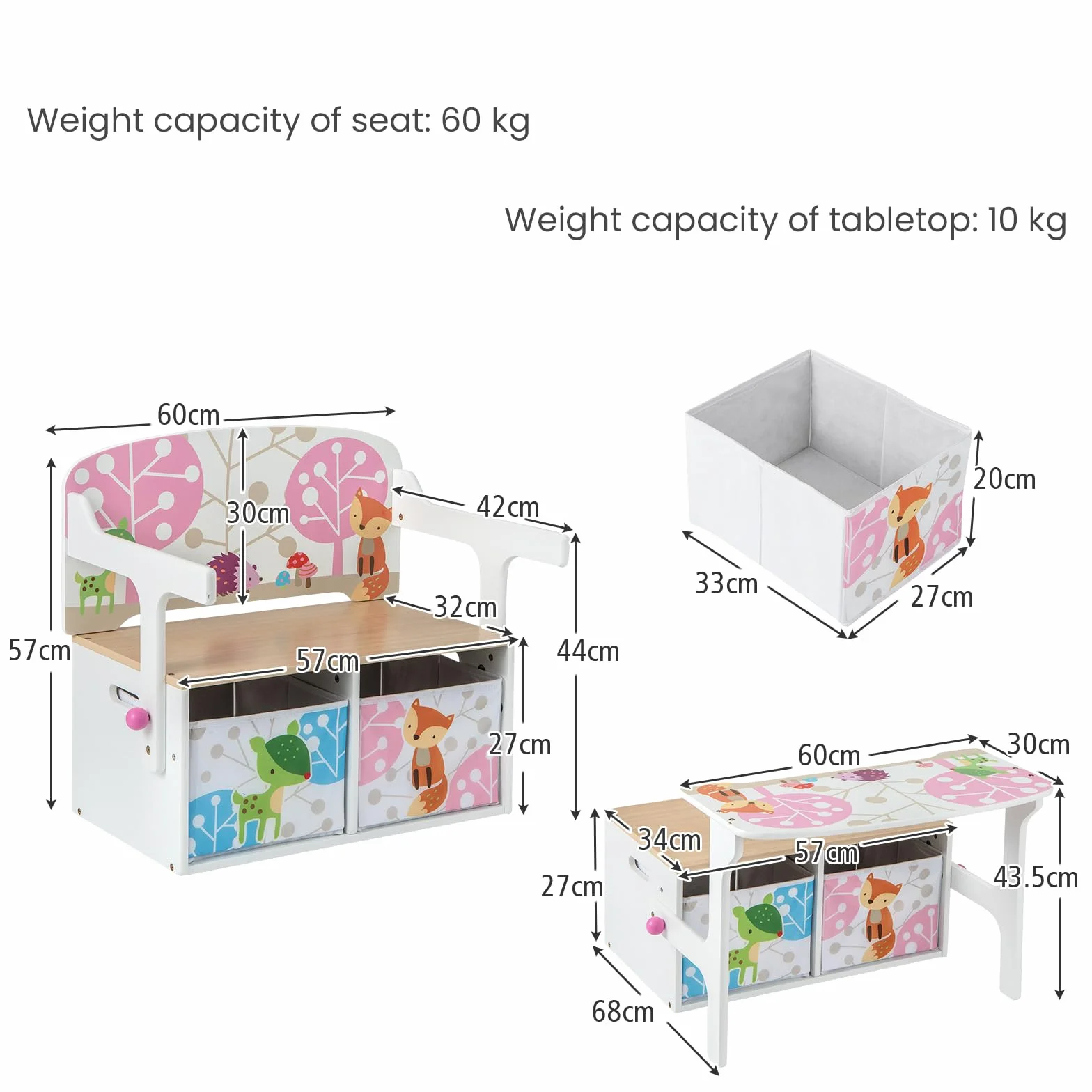 LIFEZEAL Banco Infantil de Almacenaje 3 en 1 con 2 Cajones, Caja de Juguete de Madera, Juego de Mesa y Taburete para Niños de 3 a 7 años, Organizador con Cestos Textiles de Almacenaje (Blanco)