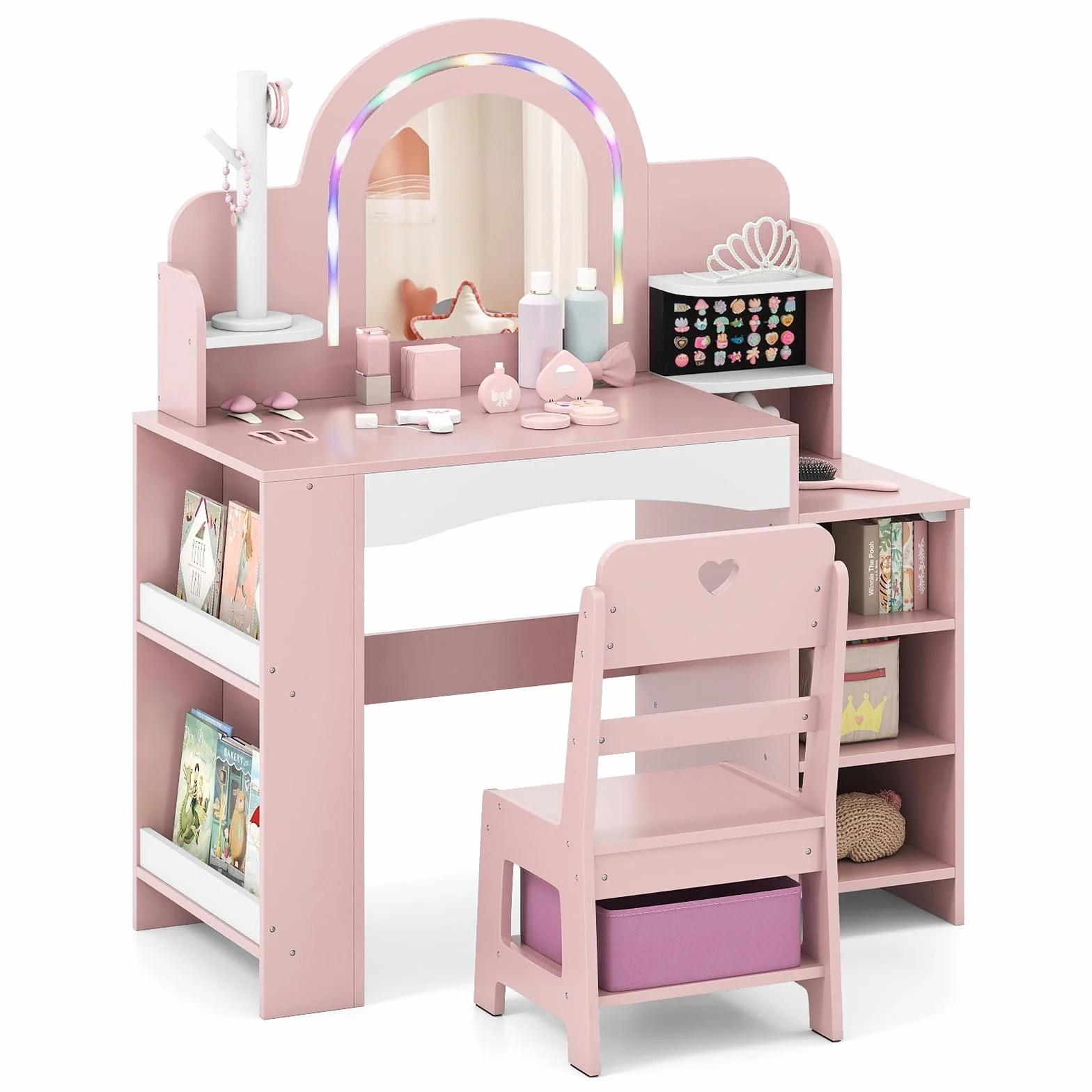 COSTWAY Tocador Niña con Espejo y Luces, Mesa de Maquillaje con Estantes y Caja de Tela, Rosa