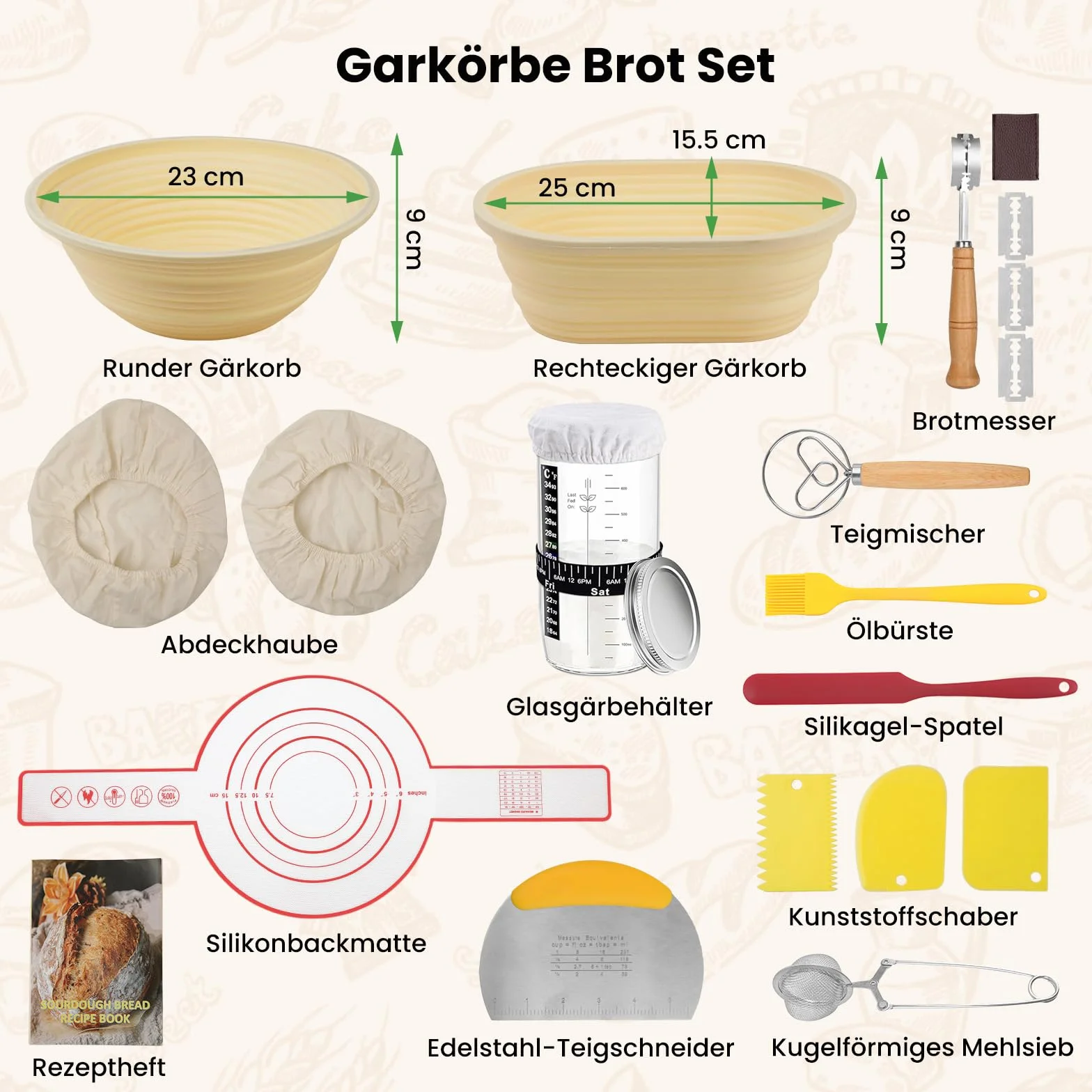 GEEKHOM Juego de inicio de masa fermentada con 2 cestas de levadura de silicona (plegables, aptas para lavavajillas, molde), 16 piezas, juego de inicio con cesta de levadura, alrededor de 23 cm y