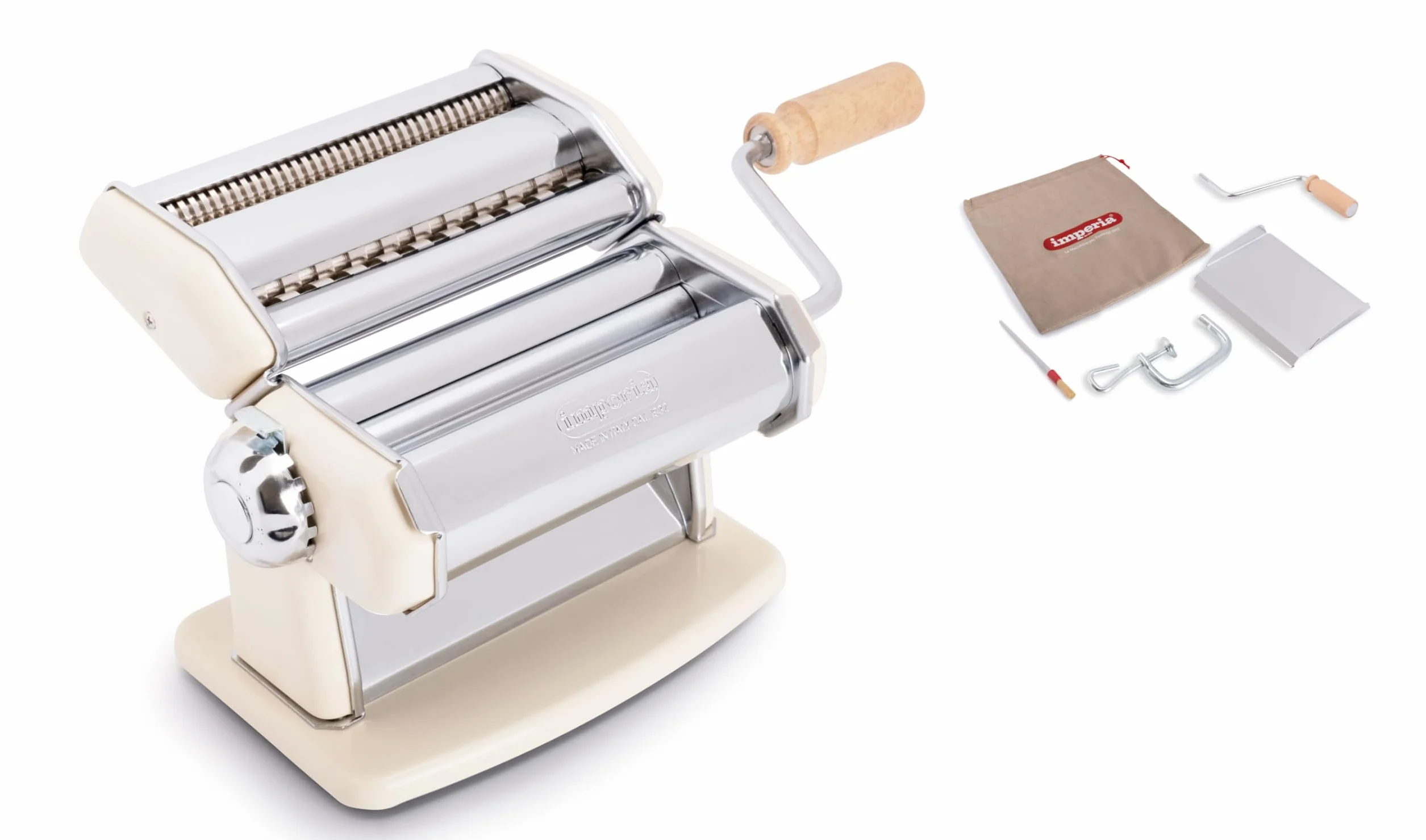Imperia IPasta Línea Clásica. Máquina para Pasta. 100% Made in Italy. Máquina de pasta fresca en acero. Laminadora manual con manivela. Crea láminas para lasagne, tagliolini, fettuccine.