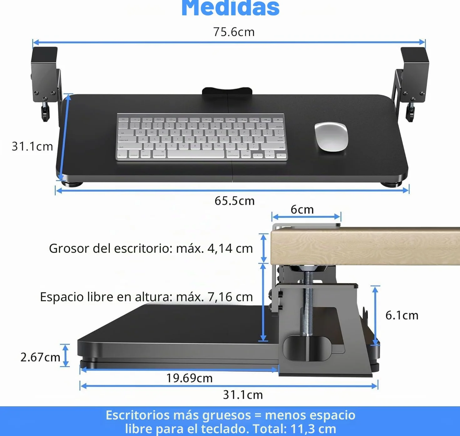 Bandeja para Teclado Debajo del Escritorio, 65.5 x 31.1 cm, Soporte Ergonómico con Abrazadera en C, Plataforma Extraíble y Deslizante