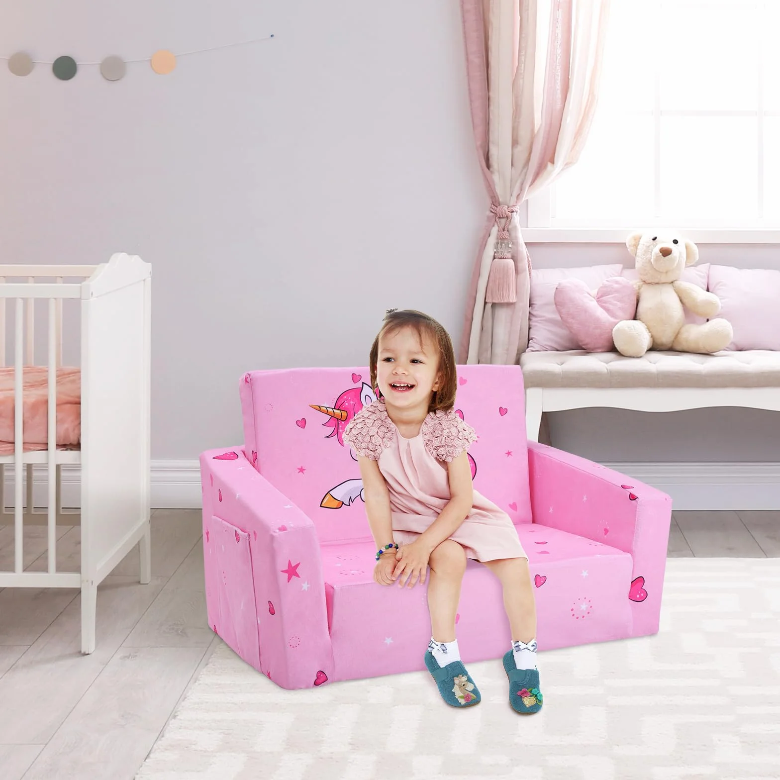 decalsweet Sofás Plegables para niños Sillón con Respaldo 2 en 1, Sillón Infantil Cómoda Estable Ligero con Bolsillo de Tela, Sofá Cama Asiento para Bebé para Dormitorio Sala de Juegos, Unicornio