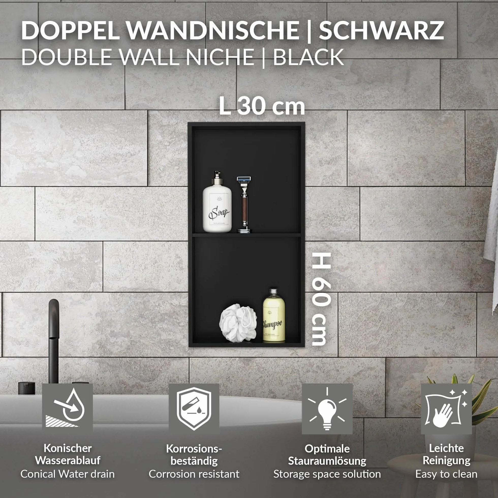 LuxeBath Nicho de Ducha Acero Inoxidable 30x60x10 cm cm Negro Marco de Pared Doble Empotrado Alicatable Estante Integrado Instalación Flexible para Almacenamiento Organizador de Utensilios para Baño