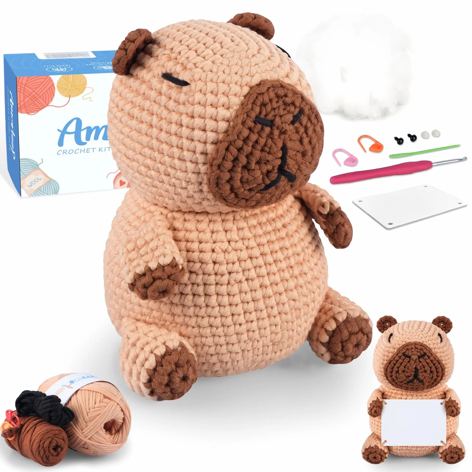 Kit de ganchillo para principiantes: bonito kit de animales de ganchillo Capybara con hilo fácil preiniciado, tutoriales en video paso a paso para adultos y niños, incluye tarjeta positiva para