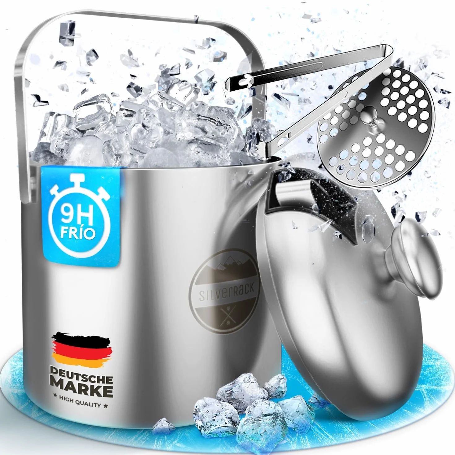 SilverRack Cubitera de acero inoxidable con pinzas y tapa (1,3 l) – Contenedor de hielo para cubitos de hielo y frutas, ideal para fiestas y bodas – Cubitera de hielo