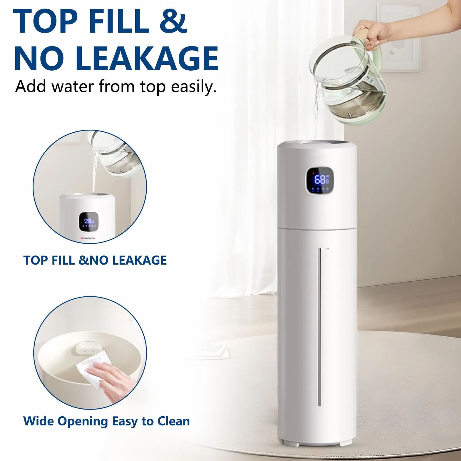 Akeshan Humidificador grande para dormitorio, niebla fría ultrasónica de 9 litros, llenado superior fácil de limpiar con gran velocidad de niebla de 350 ml/h, silencioso, adecuado para habitación de