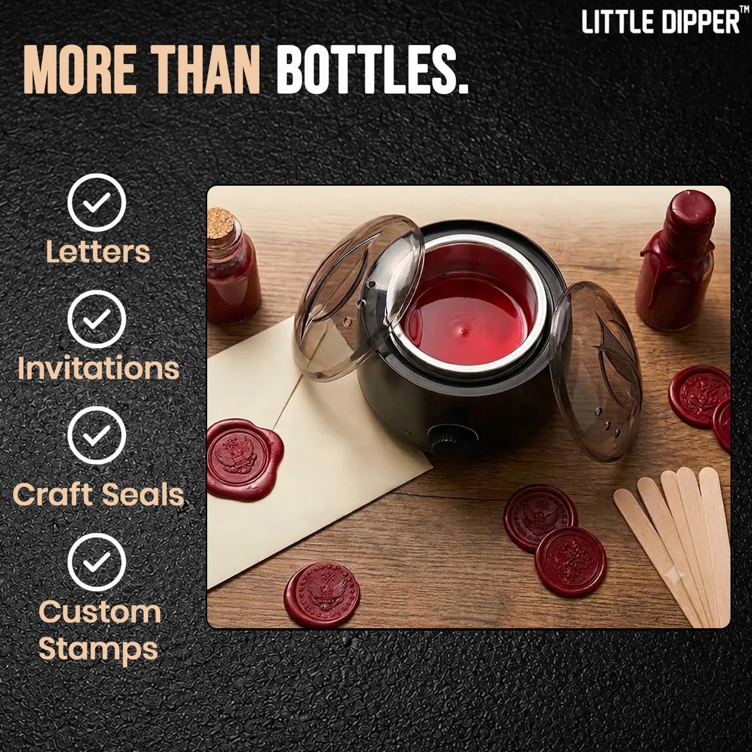 Little Dipper - Kit de cera para sellado de botellas, perfecto para hacer whisky, infusión de alcohol, elaboración de vino casero y embotellado de cerveza Incluye calentador de cera eléctrico,