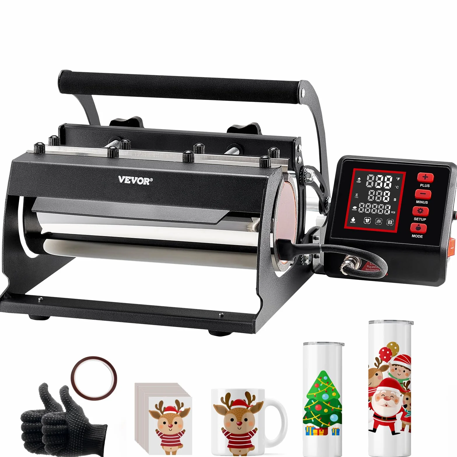 VEVOR Prensa Térmica para Vasos de 325-887 ML con Papel de Sublimación, Cinta y Guantes, Ajuste de Temperatura y Tiempo para Vasos, Tazas y Jarras de Sublimación, Negro