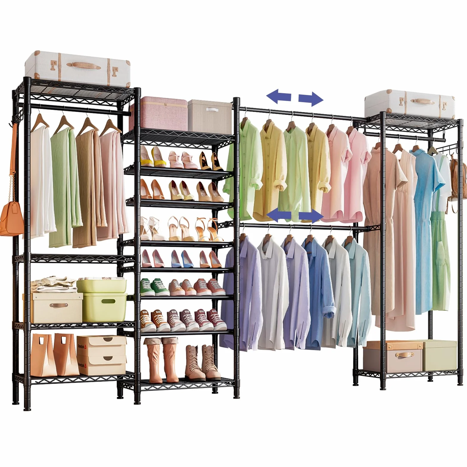 Armario Extensible con Zapatero, 182 * 34,5*（233-279） cm,Burro Ropa Resistente Ajustable, Vestidor Independiente,Gran Capacidad, Negro (Negro)