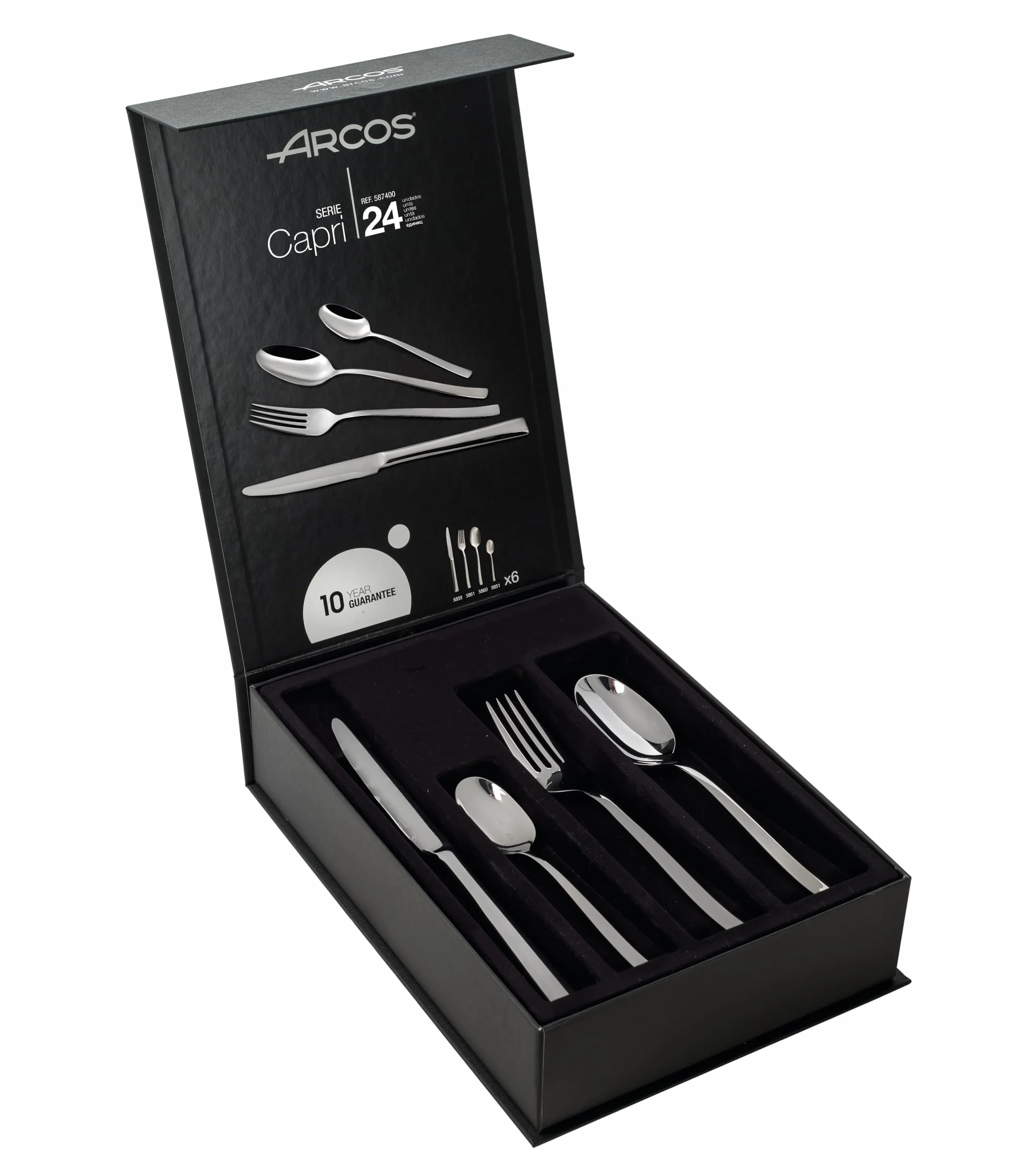Arcos Serie Capri - Cubertería de 24 piezas en una Caja de Regalo (6 cuchillos + 12 cucharas + 6 tenedores) - Monoblock de una pieza en Acero Inoxidable Color Plata