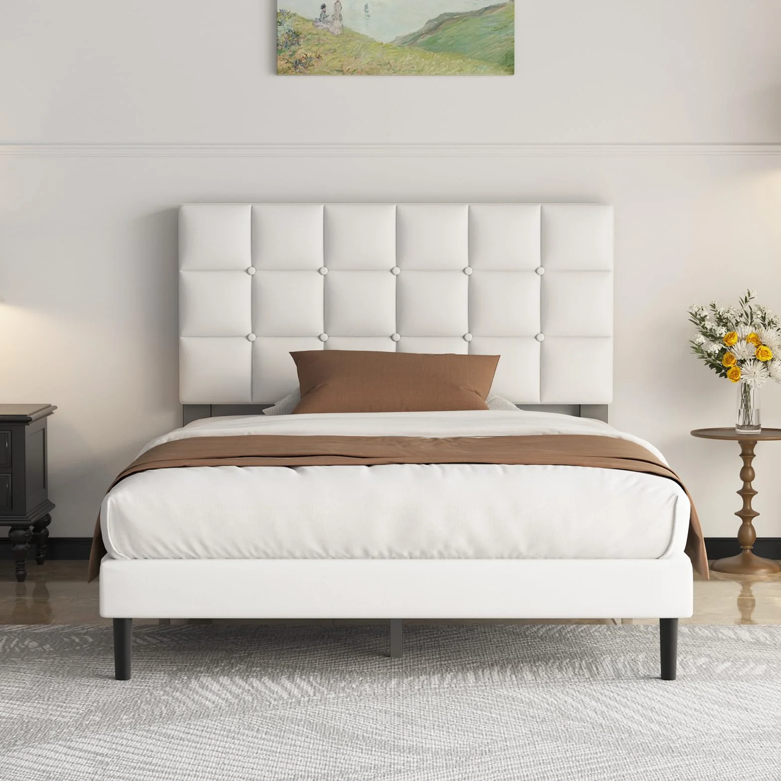 Yocreat Cama tapizada de 90 x 200 cm, cama individual con cabecero y somier, altura de 30 cm, color blanco
