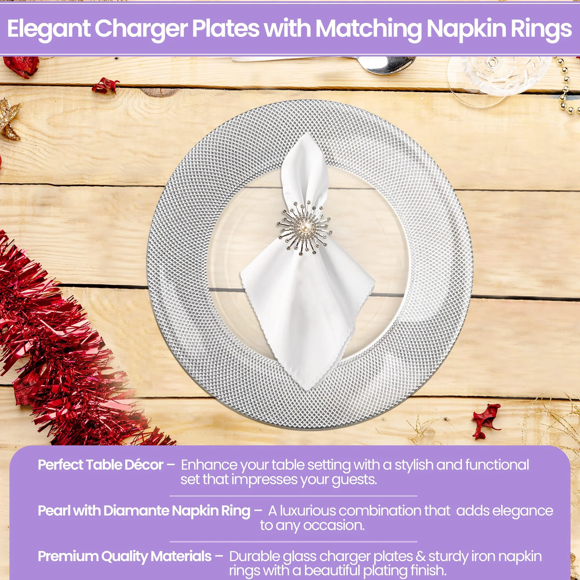 Elegante juego de 12 platos de carga plateados con diseño a cuadros con servilleteros de perlas, cargadores de platos de cristal de 33 cm para bodas, fiestas y eventos especiales, decoración de mesa