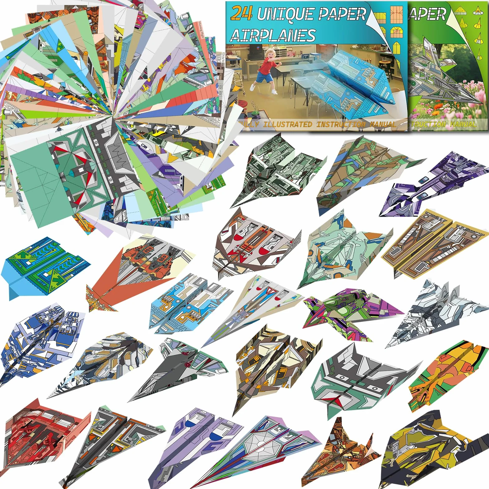 Elfew 48 Hojas Aviones Origami para Niños, Papel Origami Avion Juguete, Papiroflexia Manualidades