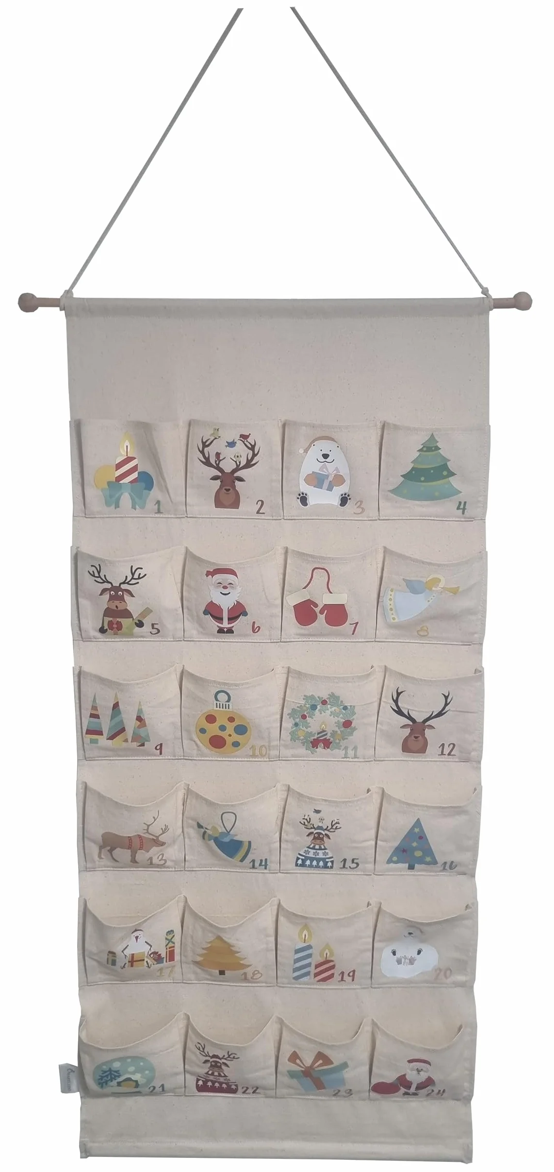 Calendario de Adviento para rellenar, tela de lino, 24 compartimentos, para colgar, con barra de madera, 108 x 51 cm