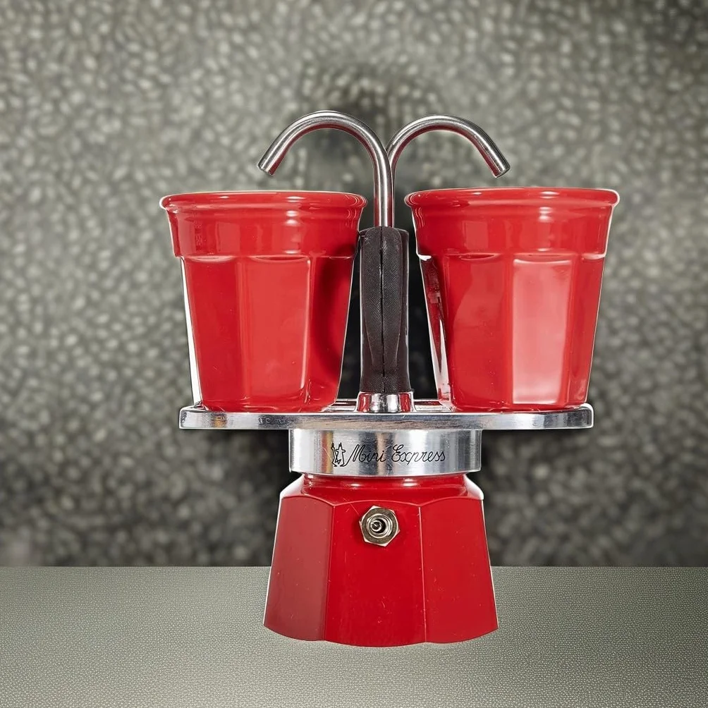 Bialetti - Mini Express Kandisky: Set con Cafetera 2 Tazas (90 Ml) + 2 Tazas, Rojo, Aluminio