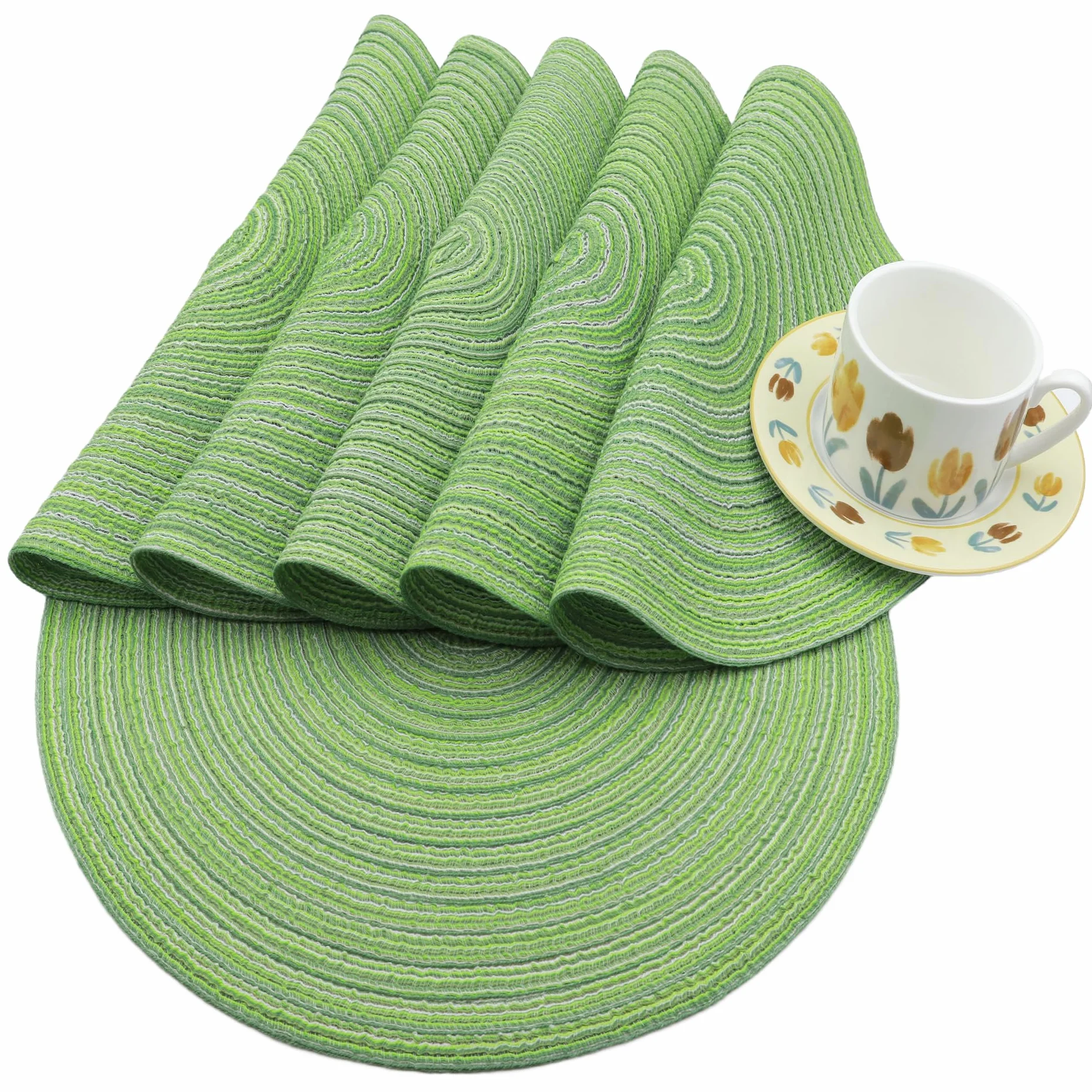 Juego de 6 manteles individuales redondos trenzados, lavables, antideslizantes, para cocina, comedor, 14.5 pulgadas, resistentes al calor, tela natural para interiores y exteriores (verde)