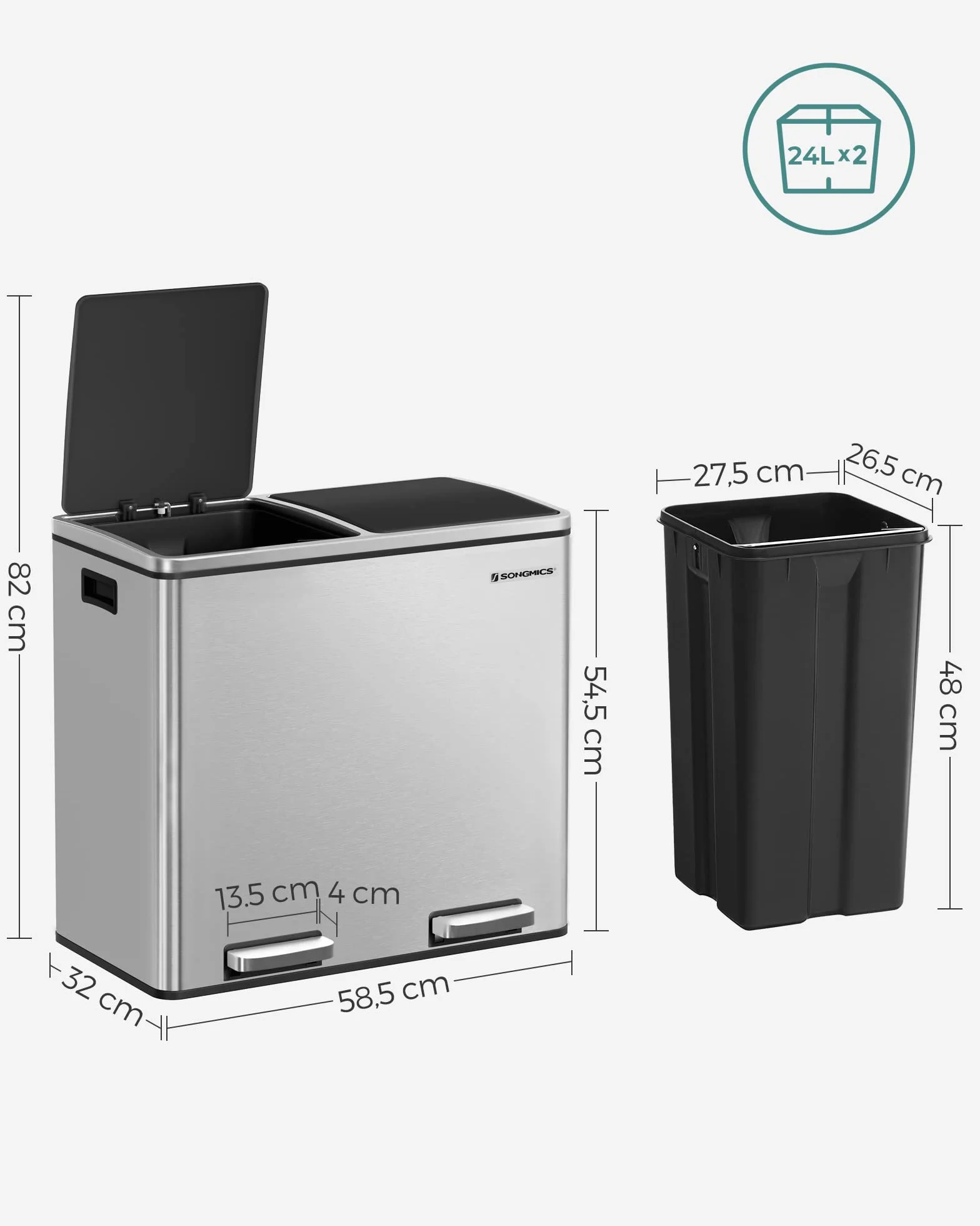 SONGMICS Cubo de basura, sistema de separación de residuos con 2 compartimentos, cubo de basura para cocina, 2 x 24 L, cierre suave, con pedales y asas, color plateado LTB48NL