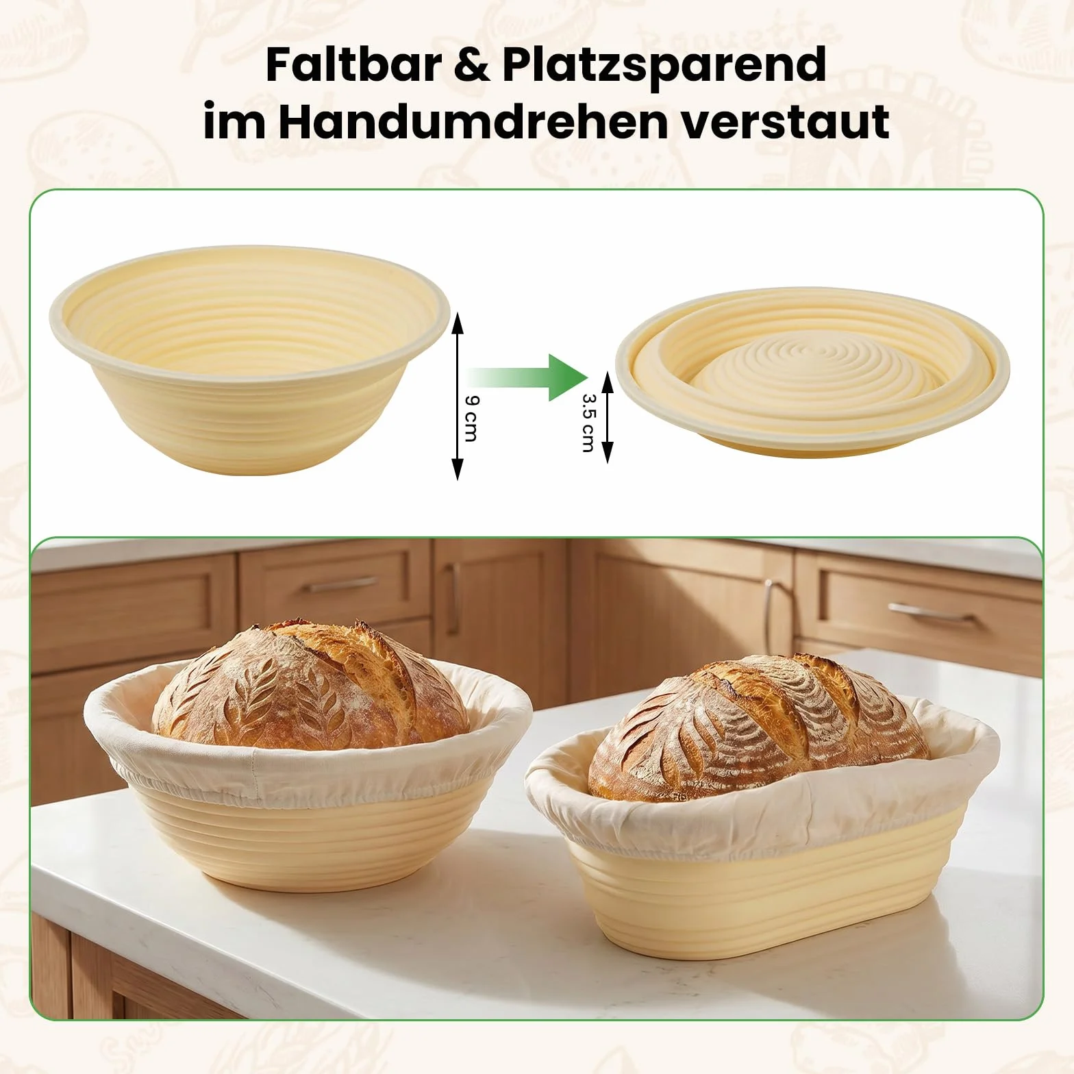 GEEKHOM Juego de inicio de masa fermentada con 2 cestas de levadura de silicona (plegables, aptas para lavavajillas, molde), 16 piezas, juego de inicio con cesta de levadura, alrededor de 23 cm y