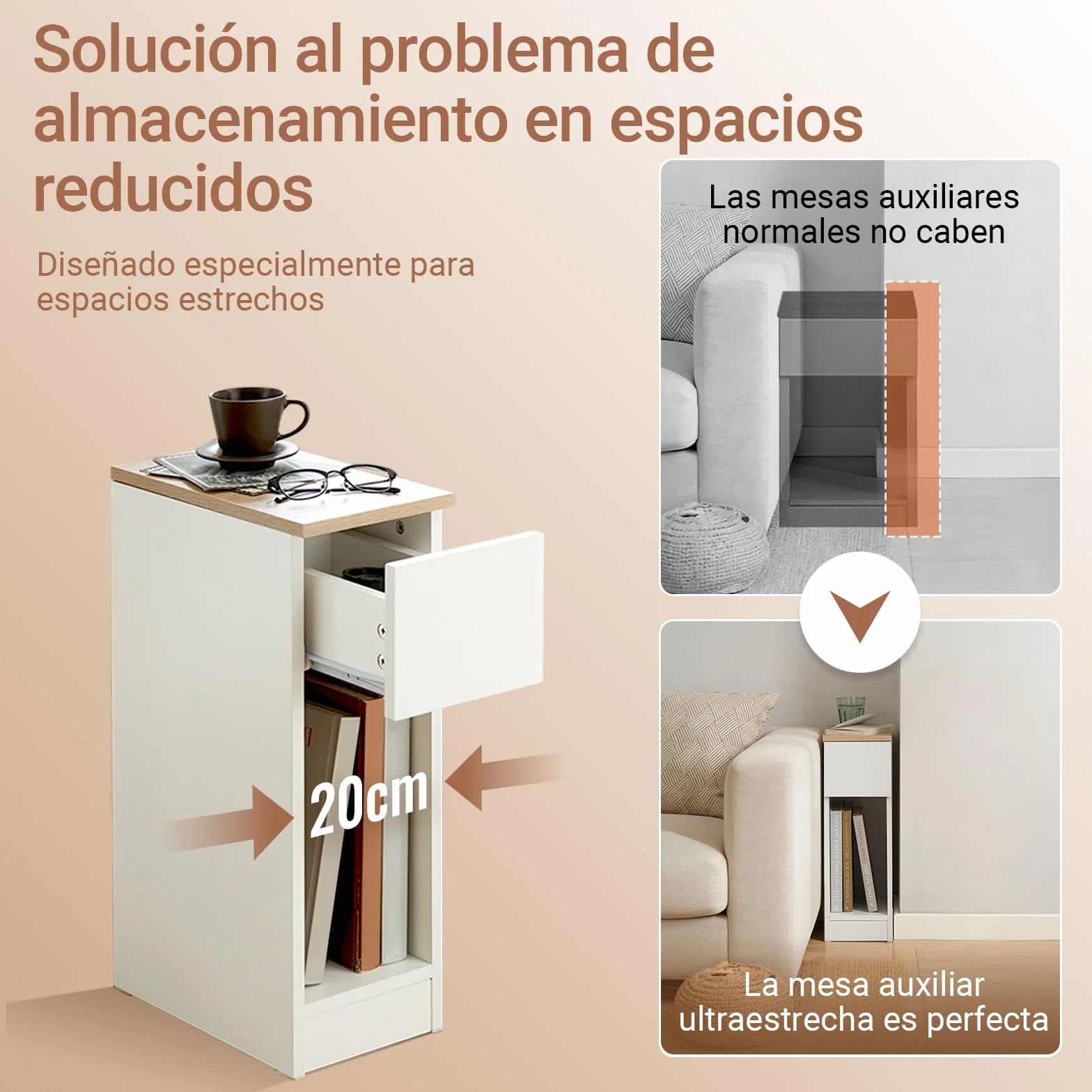 SoBuy Mesita de Noche Estrecha 20 cm con cajón Mesa de Noche ahorradora de Espacio & mesilla de Noche para Espacios pequeños Dormitorio salón Blanco 20x35x60 cm FBT111-WN