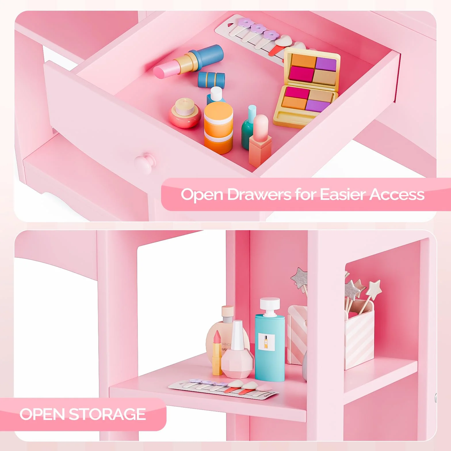 Bonnlo Tocador Infantil con Espejo de Tres Paneles y Taburete, Mesa de Maquillaje de Madera con Diseño de Corona, Rosa, Grande