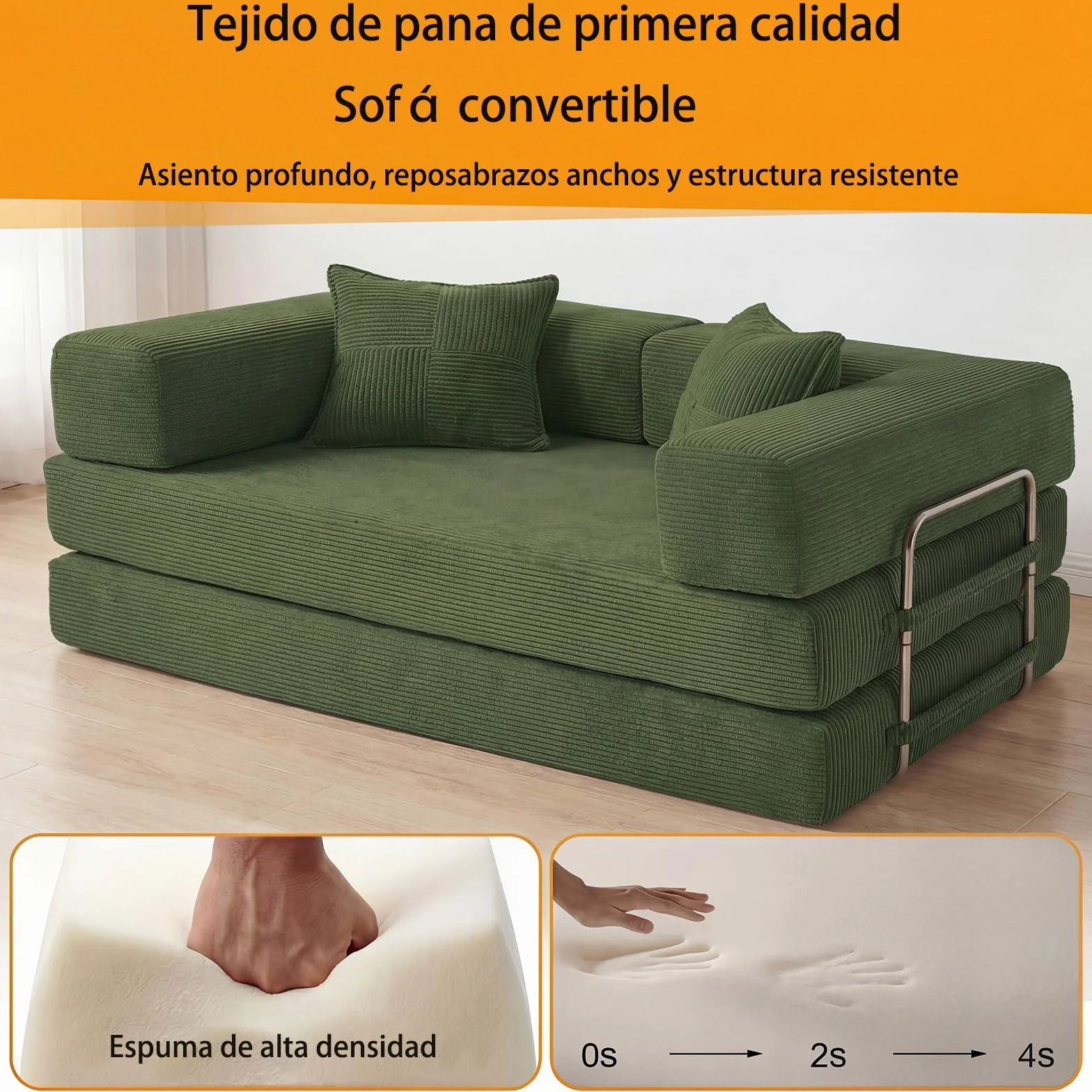 Vipbear 200cm Sofá Cama, Modular Desmontable Plegable 5 en 1,Confeccionado en Pana, Sofá Cama 3 Plazas Ideal para Espacios Reducidos, Verde | Convertible