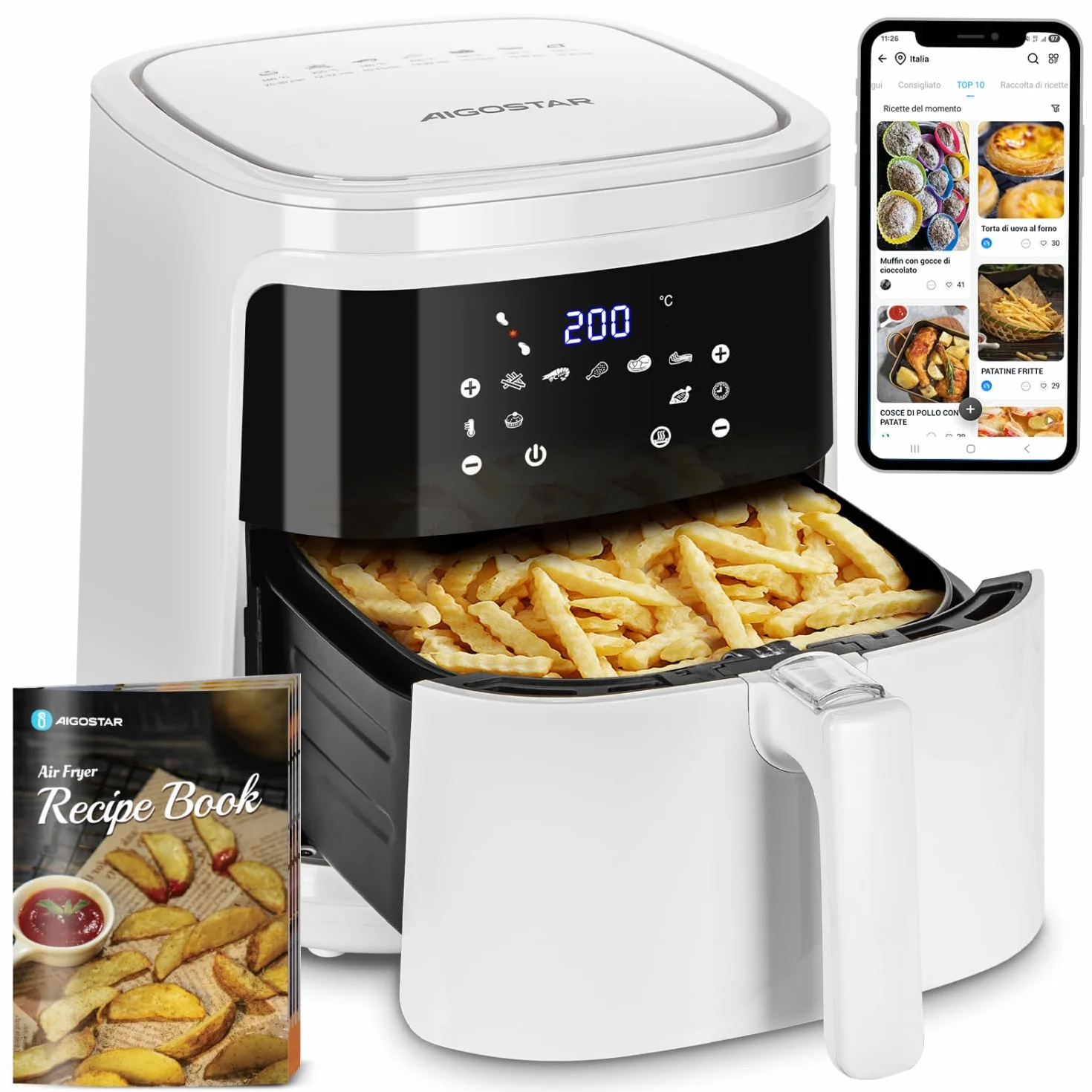 Aigostar Freidora de aire Wifi 7L 1900W, freidora sin aceite con 7 Programas, Pantalla LED, 360° Circulación de Aire, cesta antiadherente extraíble, mantenimiento del calor, recetas, sin BPA, Blanco