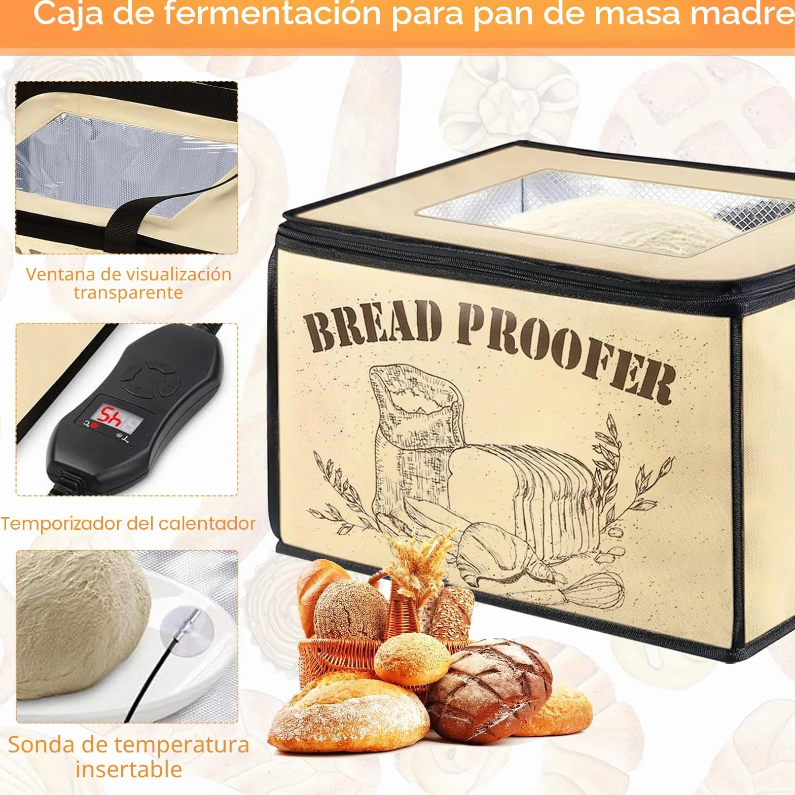 Fermentadora de Pan, Caja de Fermentación para Masa de Pan con Temperatura Ajustable, Temporizador y Calentador para Masa de Pan Casero y Yogur