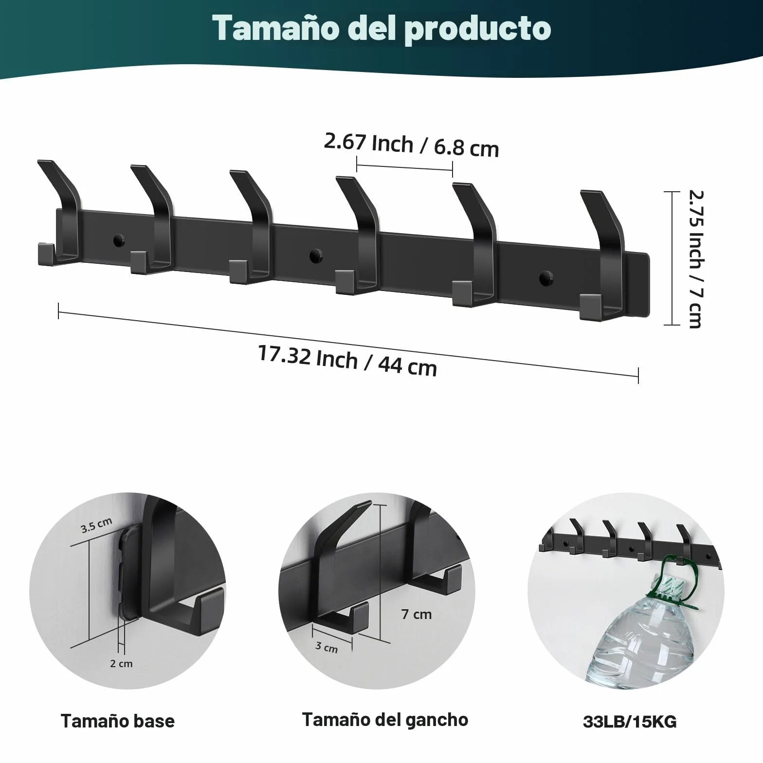 AUXHCYL Percheros Pared Negro 2 Piezas Colgador Ropa Pared 6 Ganchos para Chaquetas Abrigos Bolsos