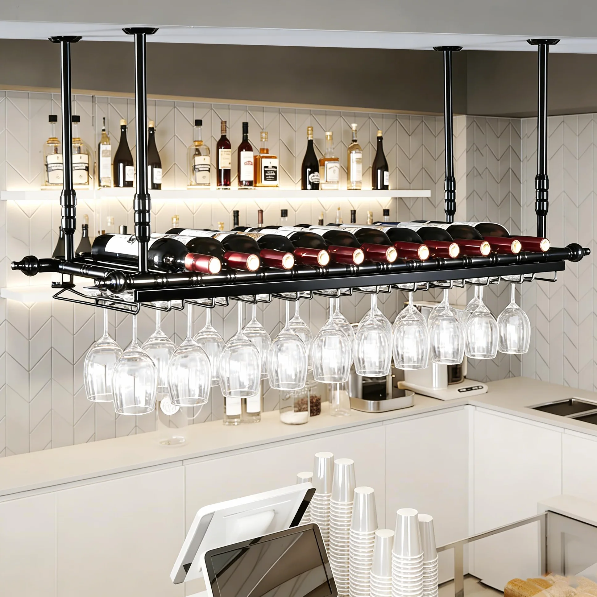 Soportes para Copas Colgante, Altura Ajustable Techo Botellero, Metal Porta Bottiglie da Vino Soporte de Copas Sostenedor para Barra Bar/Club/Armarios para Vino (BK, 120 * 30cm)
