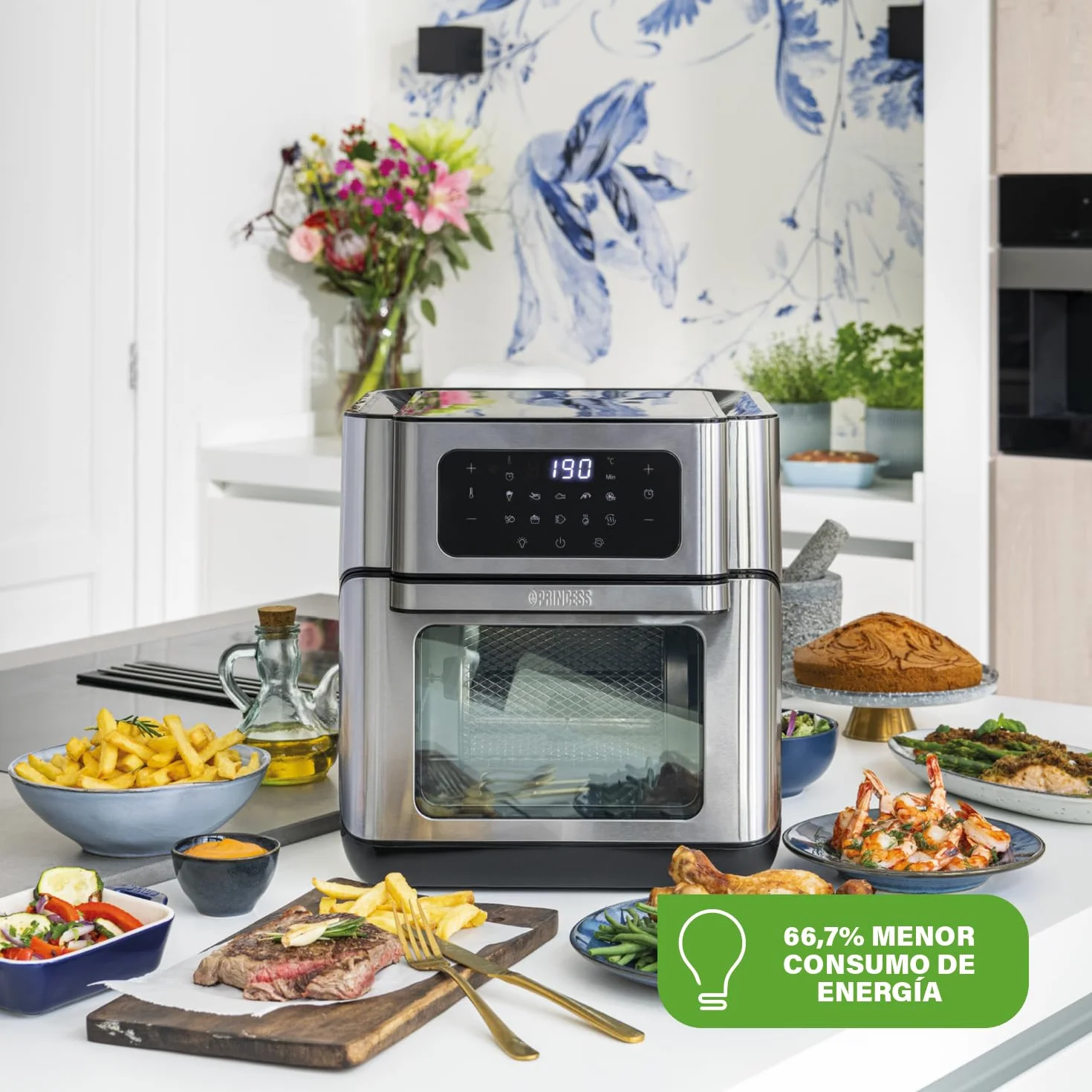 Princess Freidora sin Aceite Horno 10 L con Cesta Giratoria, Airfryer con Convección, 10 Programas, Pantalla Táctil Digital, Acero Inoxidable, Hasta 66,7% Ahorro Energético, 1500 W, 182065
