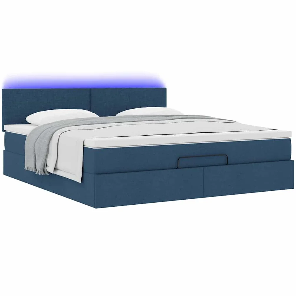 Cama otomana con colchón, 160 x 200 cm, cama de almacenamiento, en color azul, LED, cabecero de invitados, cama de invitados, comodidad para jóvenes y adultos, para dormitorios y habitaciones